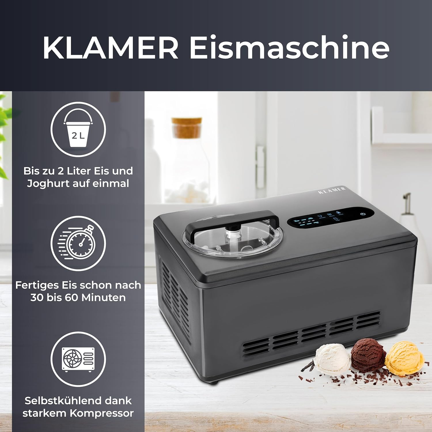 Ein dunkelgrauer Eisbereiter mit dem Markennamen 'KLAMER' wird angezeigt. Es gibt drei Kugeln Eis und Schokoladenraspeln.