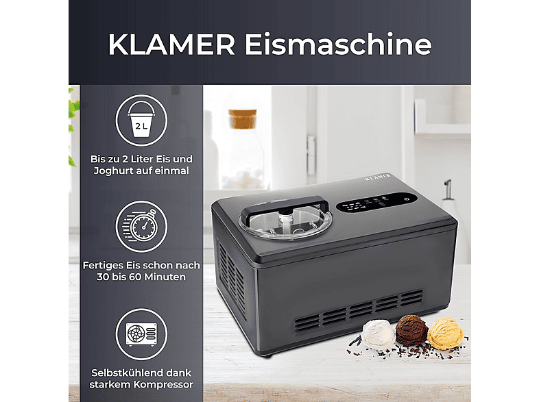 KLAMER Eiscreme & Joghurtbereiter Eismaschine (220 Watt, Schwarz)