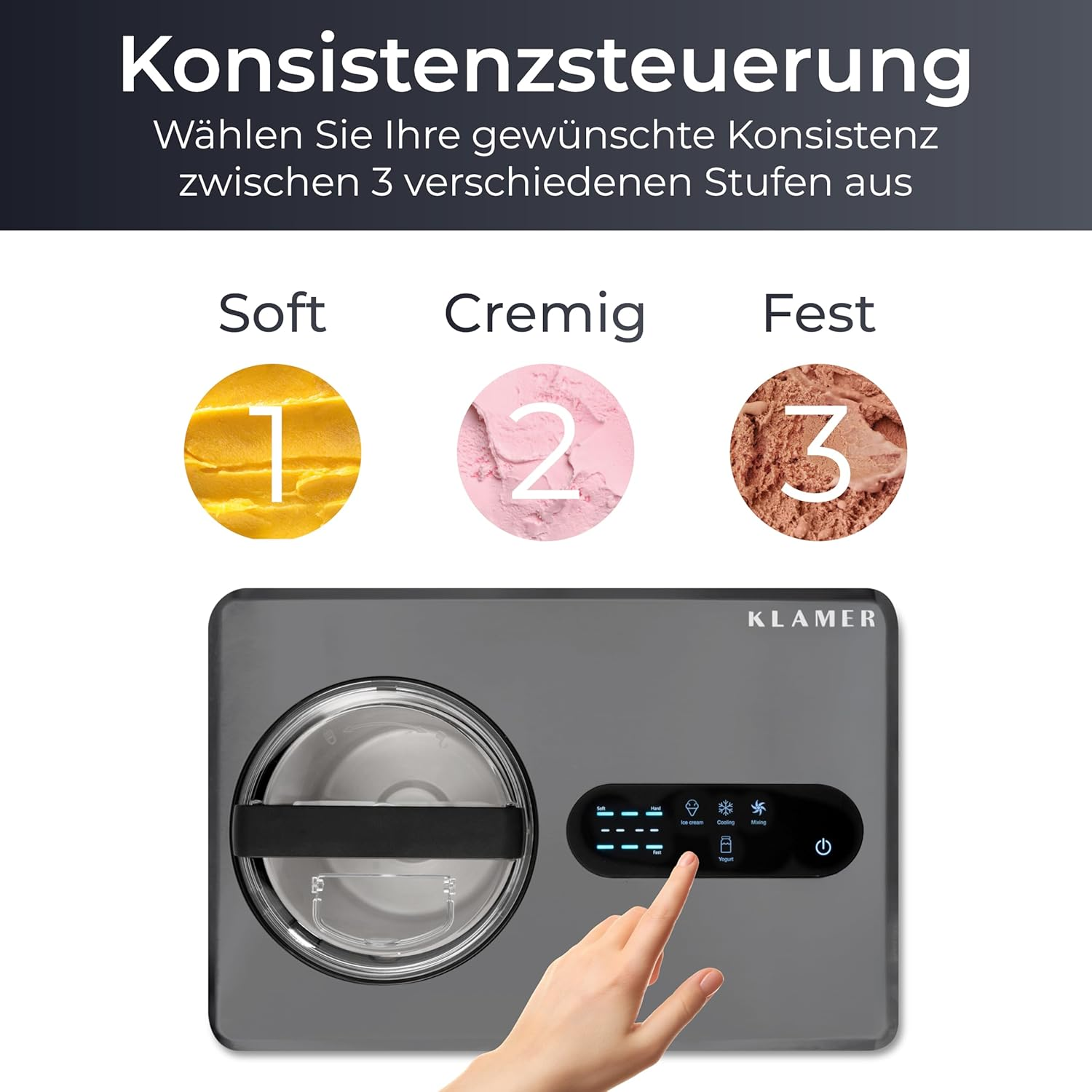 Eine Eismaschine mit Touchscreen. Das Bild zeigt drei Konsistenzoptionen: weich, cremig und fest. Eine Hand berührt den Bildschirm.