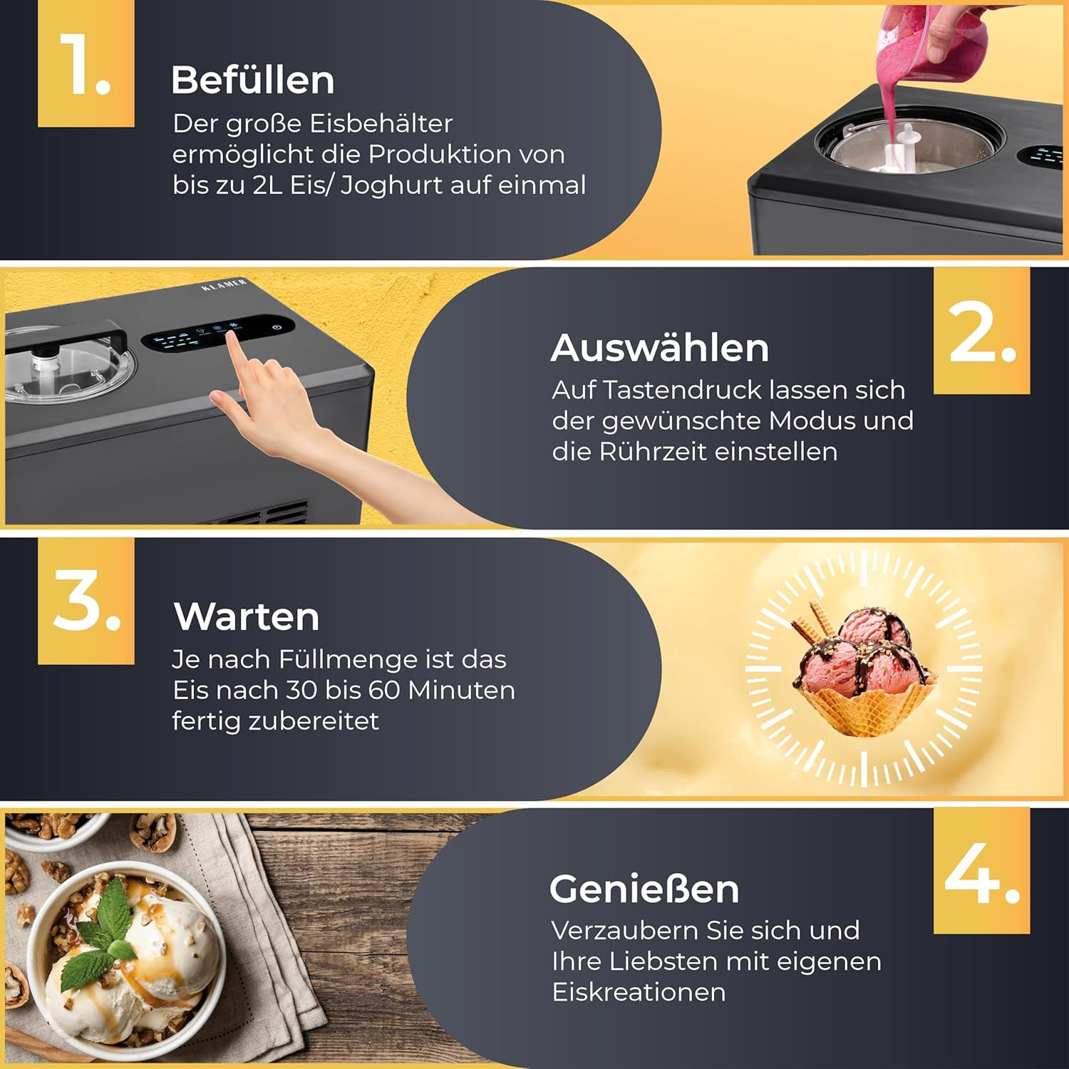 Eine Eismaschine mit Schritt-für-Schritt-Anleitung. Enthält Befüllen, Auswählen, Warten und Genießen von Eis.