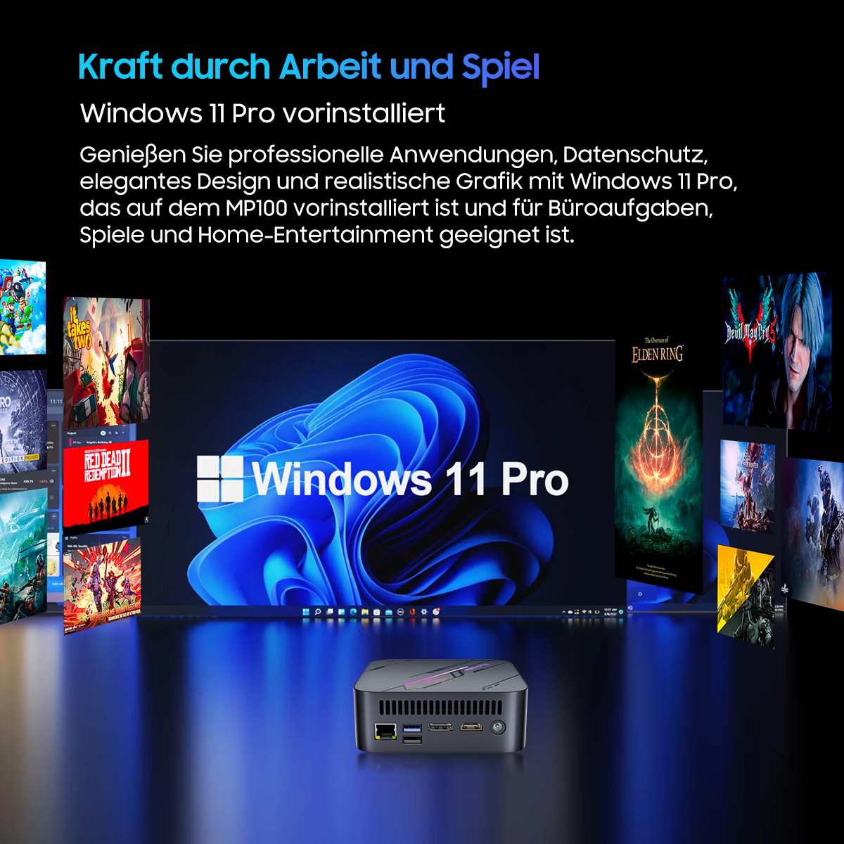 Ein Mini-PC mit Windows 11 Pro, umgeben von Spielecovern. Text hebt Arbeit und Spiel hervor.
