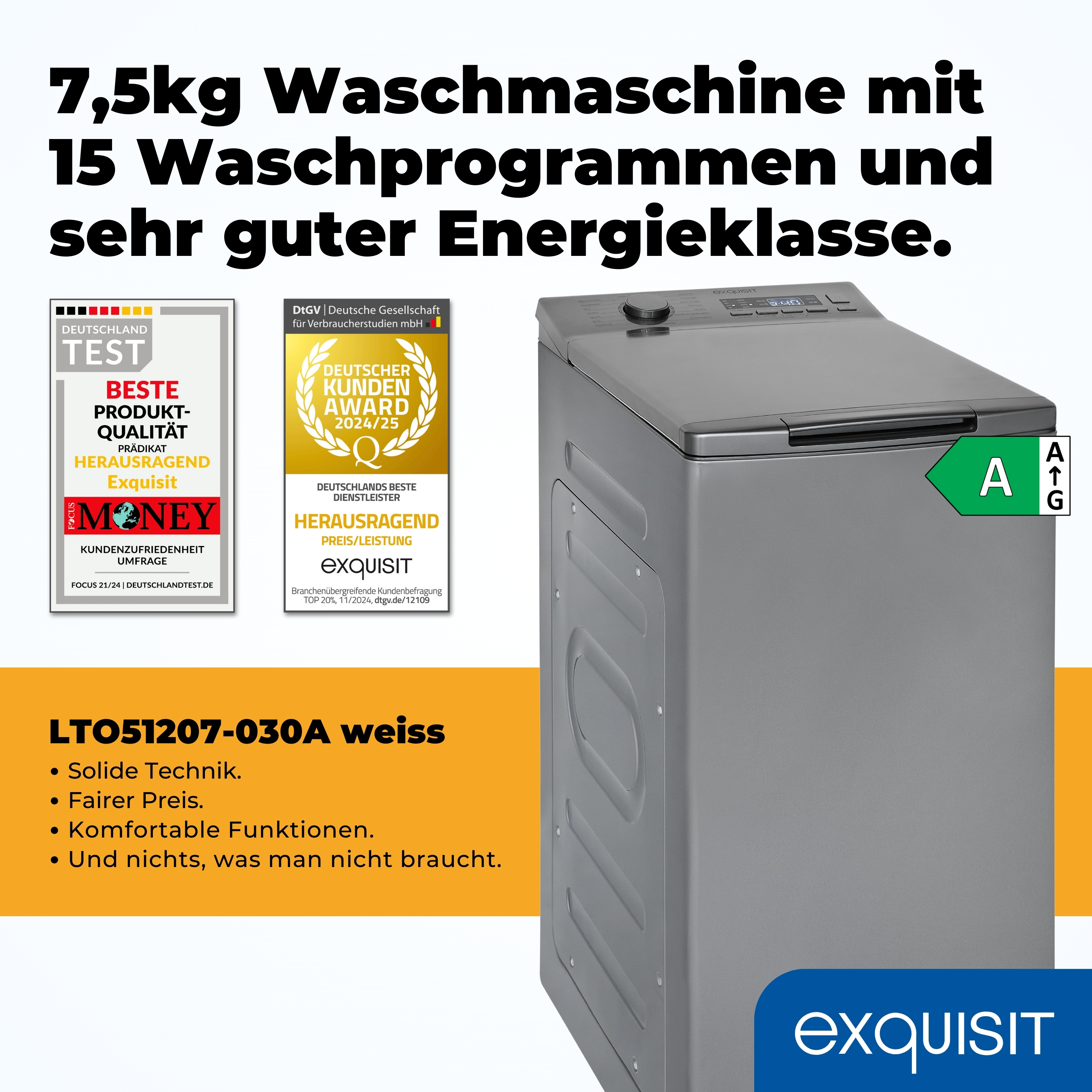 Werbung für eine Waschmaschine. Gute Energieklasse, 7,5 kg und 15 Programme. Auszeichnungen und Markenname sind sichtbar.