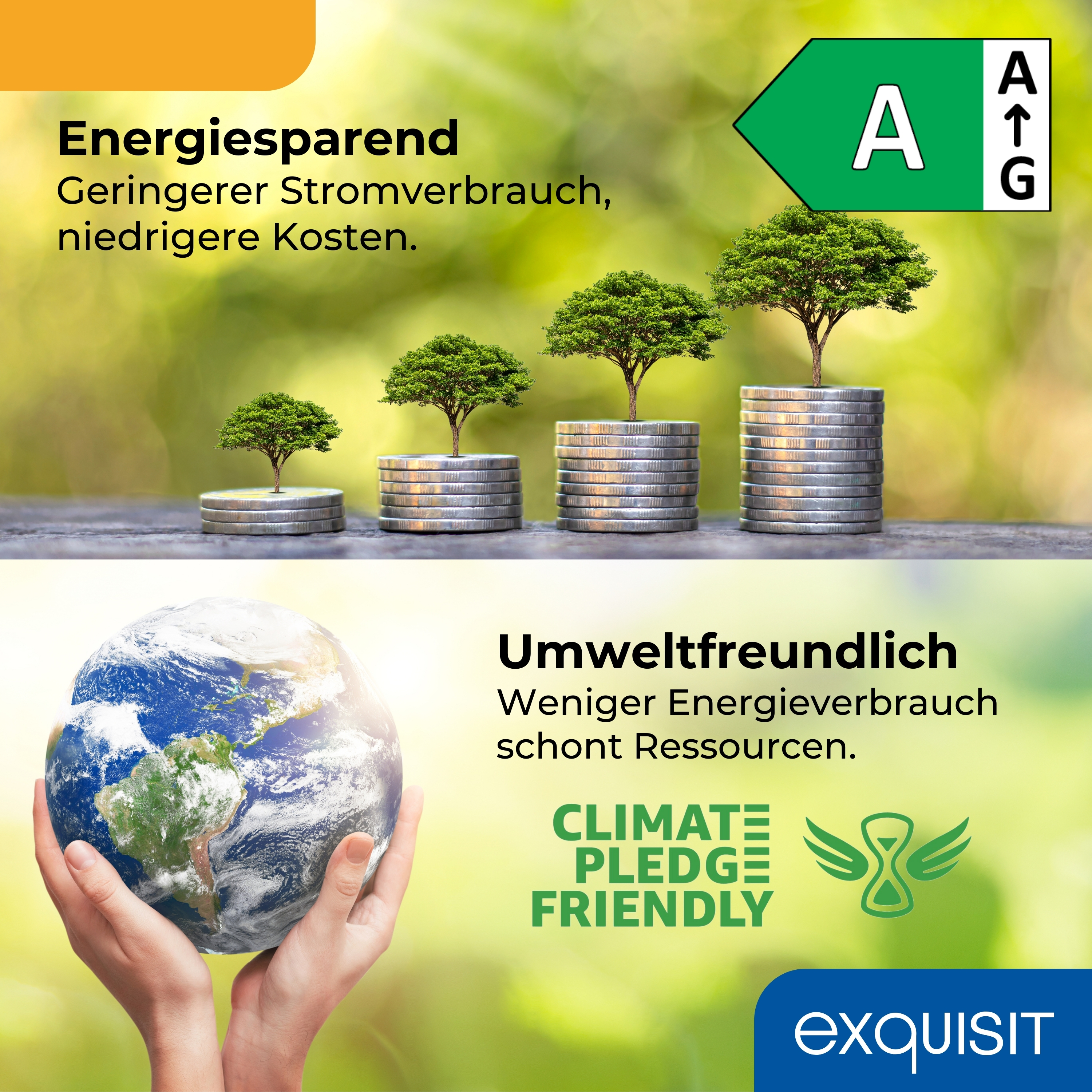 Das Bild zeigt Bäume, die auf Münzen wachsen, einen Globus in Händen und Text über Energiesparen und Umweltfreundlichkeit.