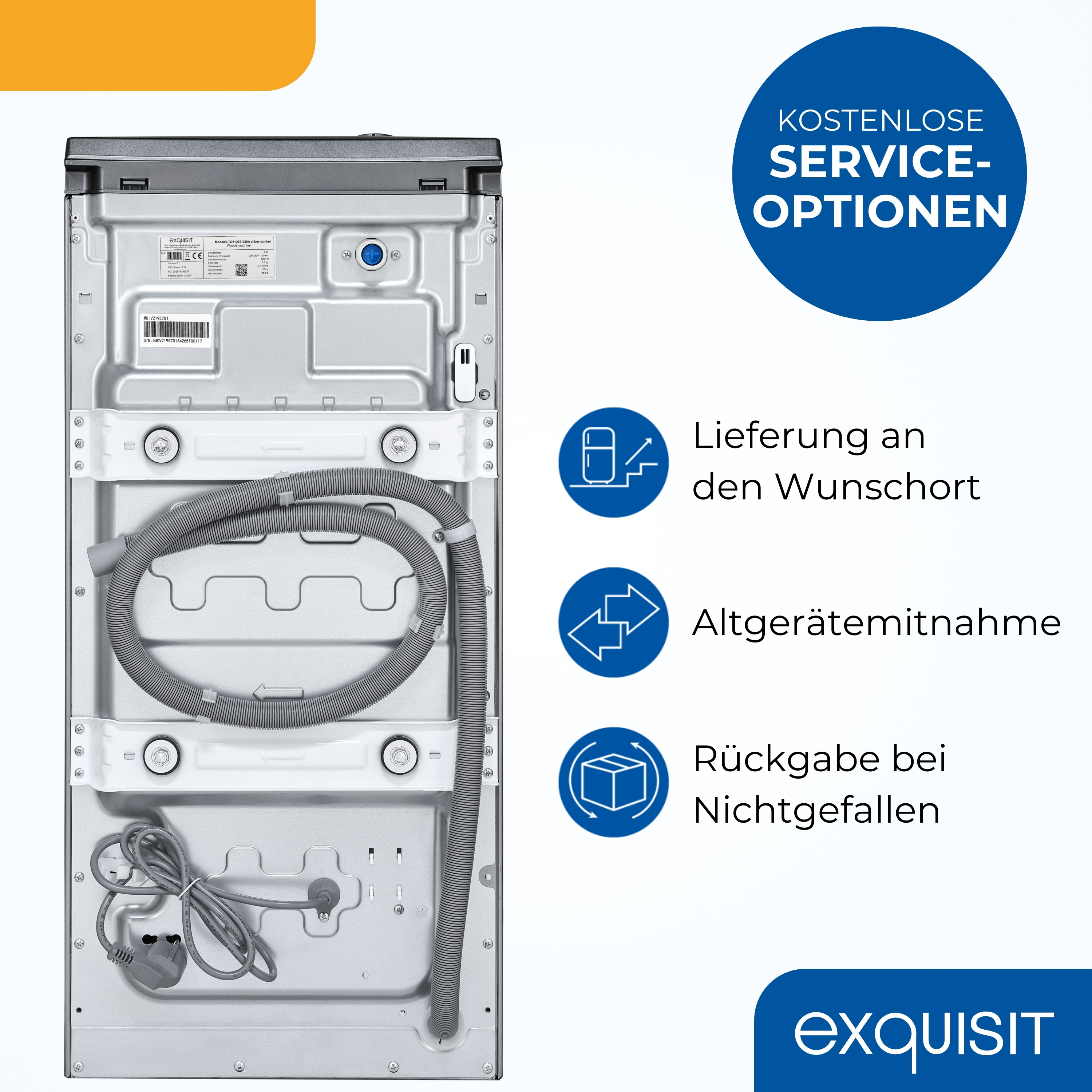 Rückansicht einer Waschmaschine mit Schlauch und Netzkabel. Blaue Kreise zeigen Serviceoptionen.