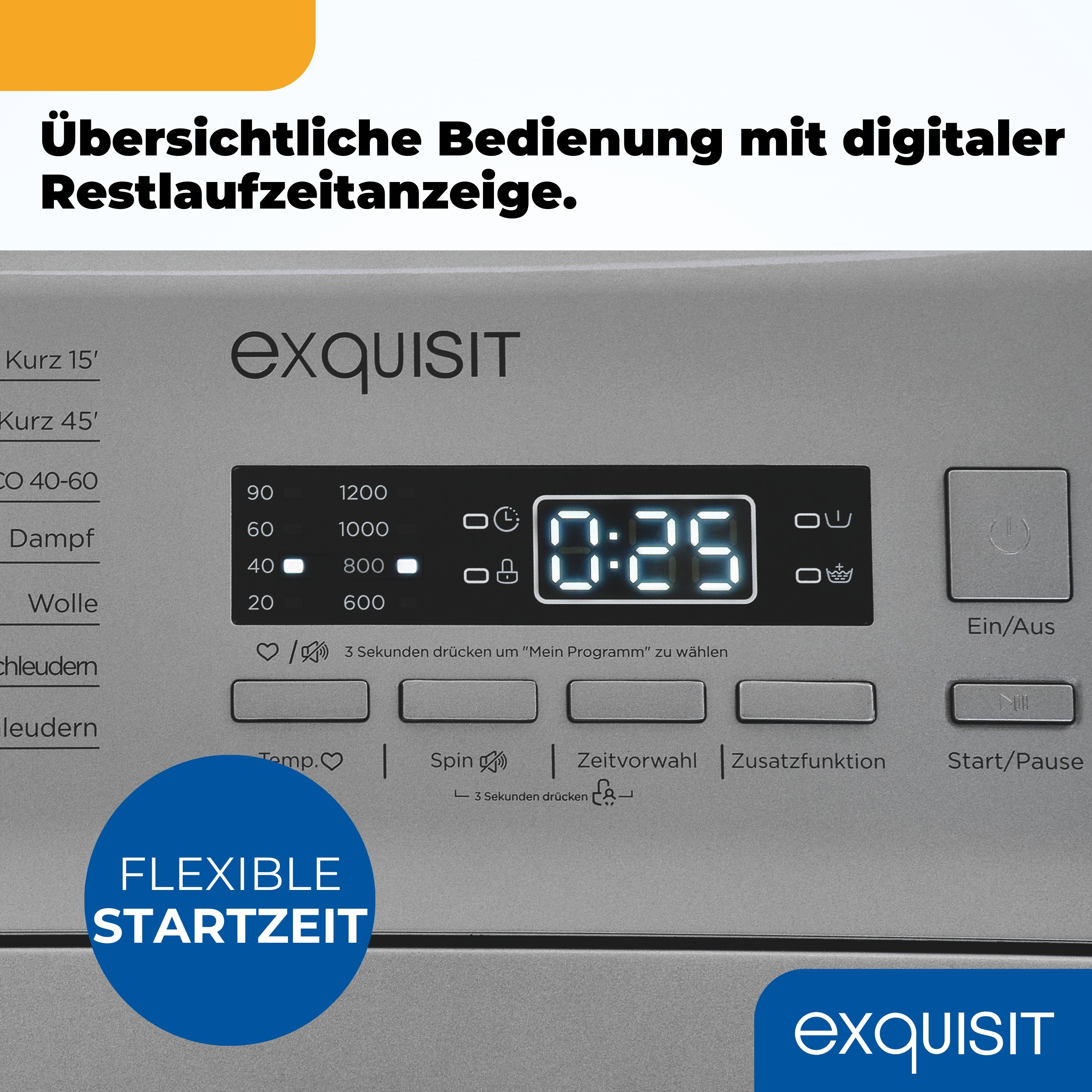 Waschmaschinen-Bedienfeld mit Digitalanzeige. Es zeigt Programmoptionen und Restlaufzeit.