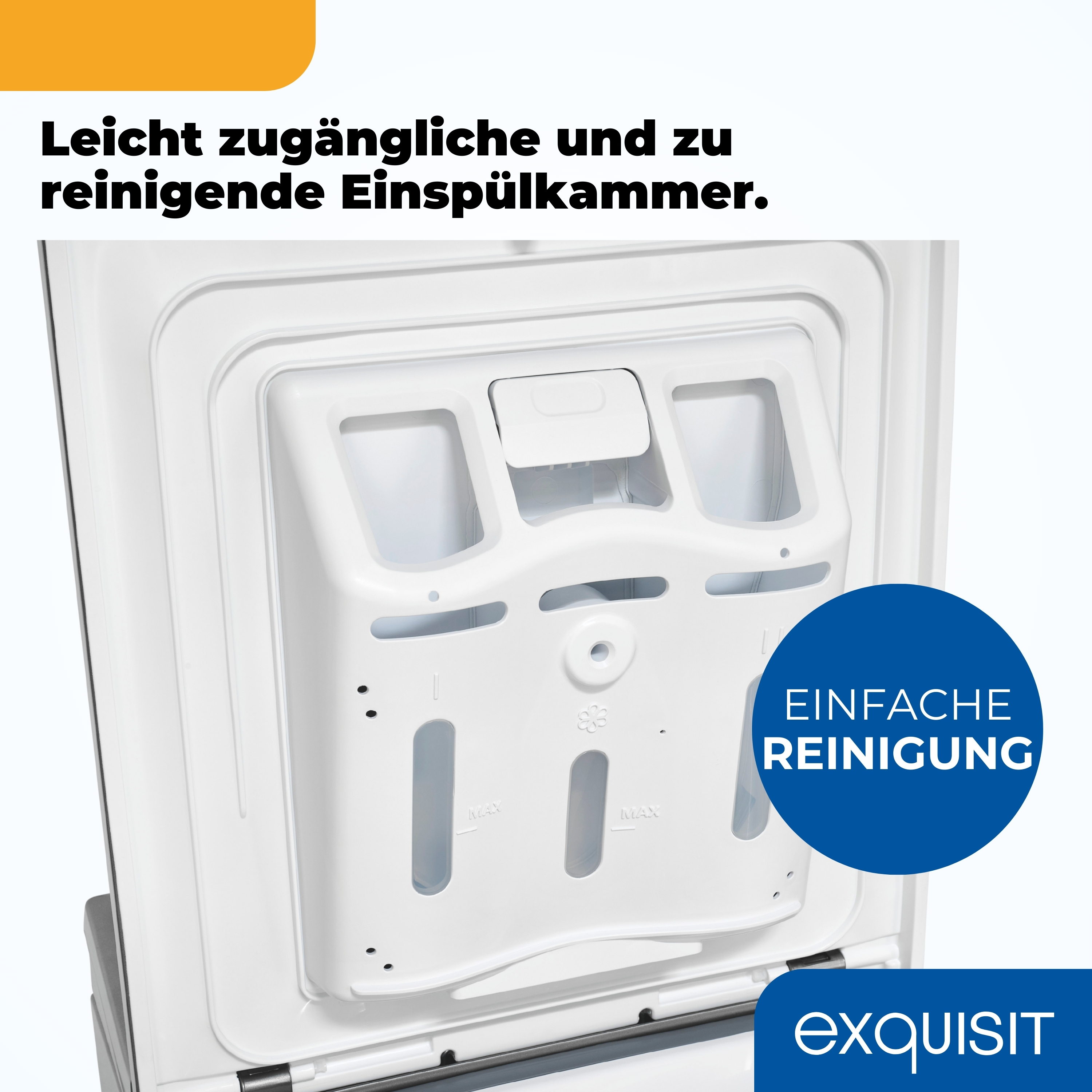 Weiße Waschmittel Schublade. Sie hat drei Fächer und einen blauen Kreis mit dem Text 'Einfache Reinigung'.