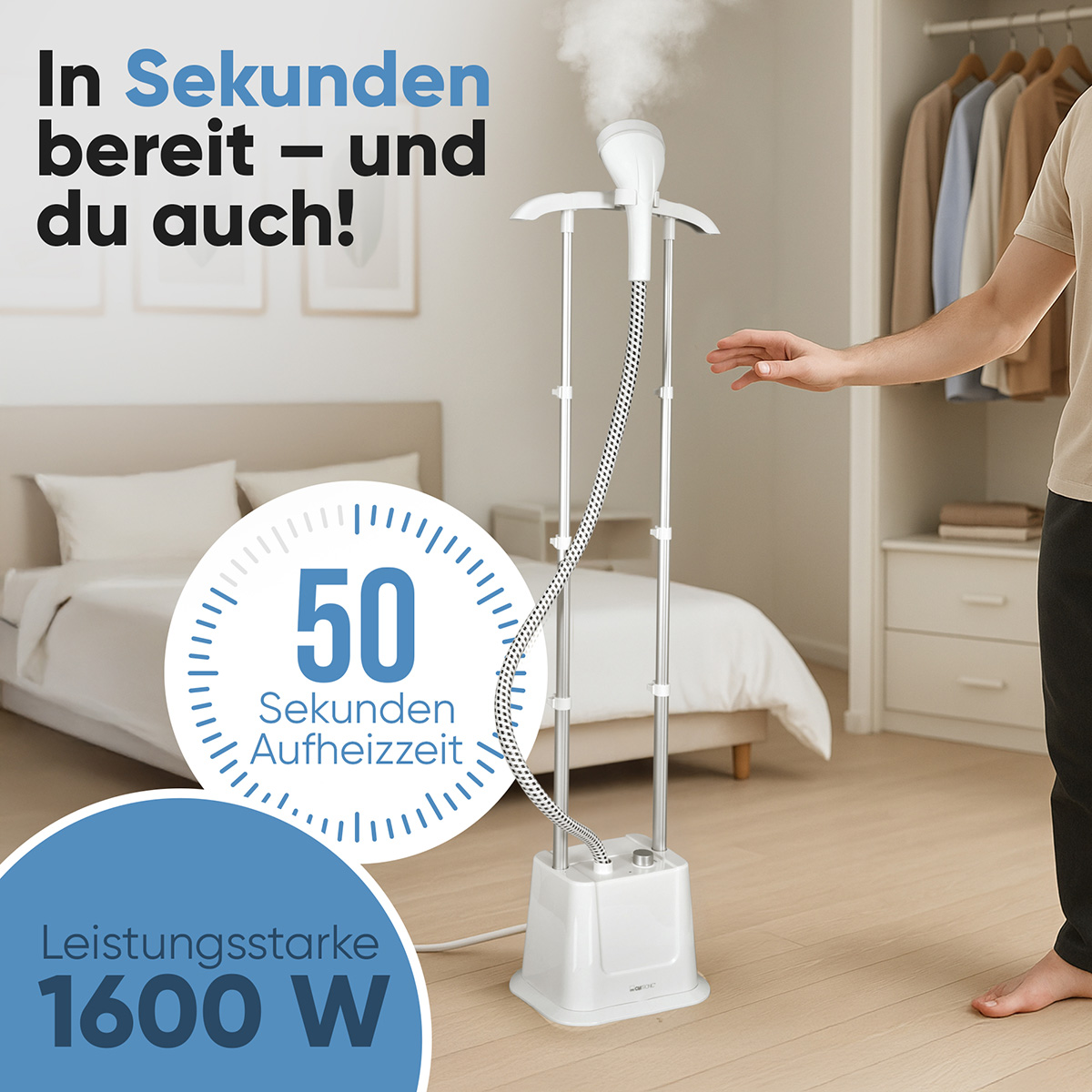 Ein weißer Kleiderdampfer mit Dampf, eine Person, die sich ausstreckt, ein Bett und ein Schrank mit Kleidung sind sichtbar.