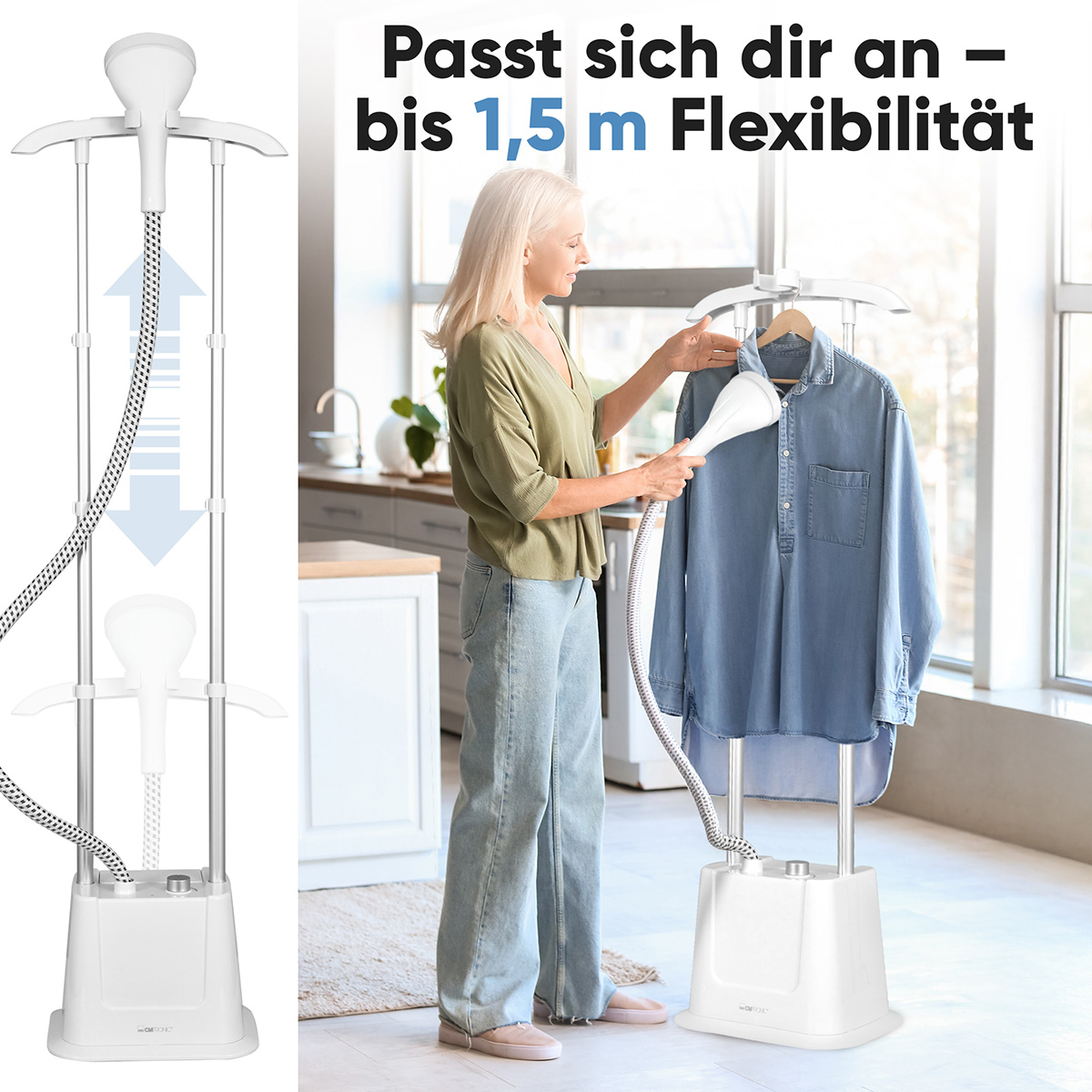 Frau bügelt ein Jeanshemd mit einem weißen Dampfgarer. Text: 'Passt sich dir an - bis zu 1,5 m Flexibilität'.