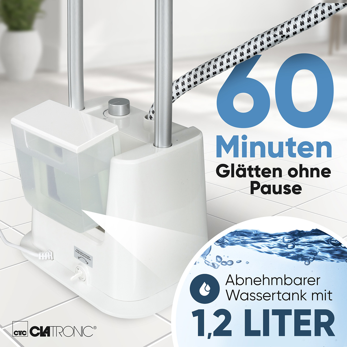 Weißes Dampfbügeleisen mit blauem Text: 60 Minuten Bügeln ohne Pause. Abnehmbarer 1,2-Liter-Wassertank. Weißer Hintergrund.