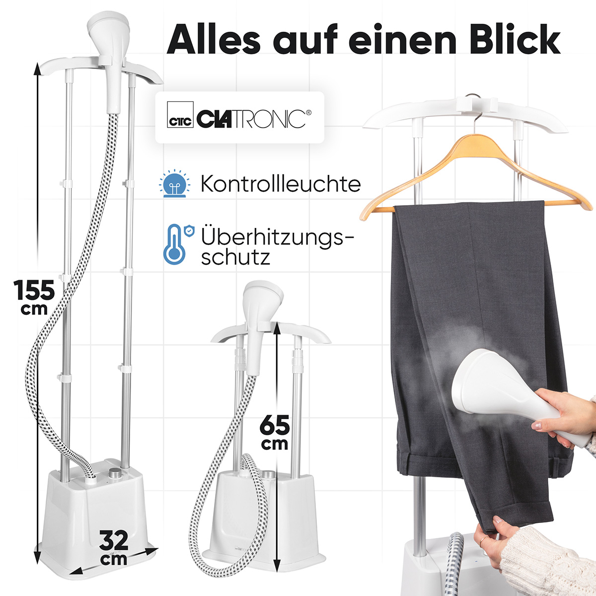 Ein weißer Kleidungsdampfer mit grauer Hose auf einem Bügel, Dampf tritt aus. Text beinhaltet Abmessungen und Markenname.