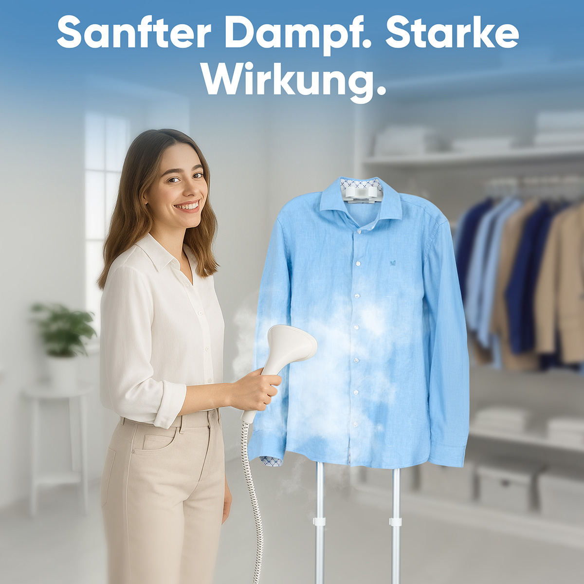 Eine Frau lächelt, während sie ein blaues Hemd dämpft. Das Hemd hängt an einem Ständer, im Hintergrund sind weitere Kleidungsstücke zu sehen.