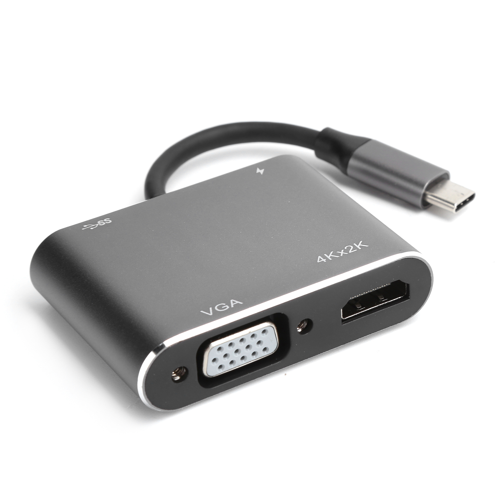 Ein grauer Multiport-Adapter mit VGA-, HDMI- und USB-C-Anschlüssen. Er hat ein schwarzes Kabel und befindet sich auf weißem Hintergrund.