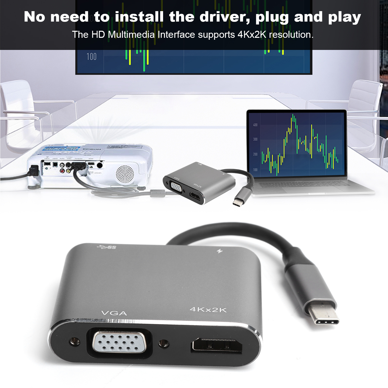 Ein silberner Adapter mit VGA- und HDMI-Anschlüssen, der an einen Laptop und einen Projektor angeschlossen ist.
