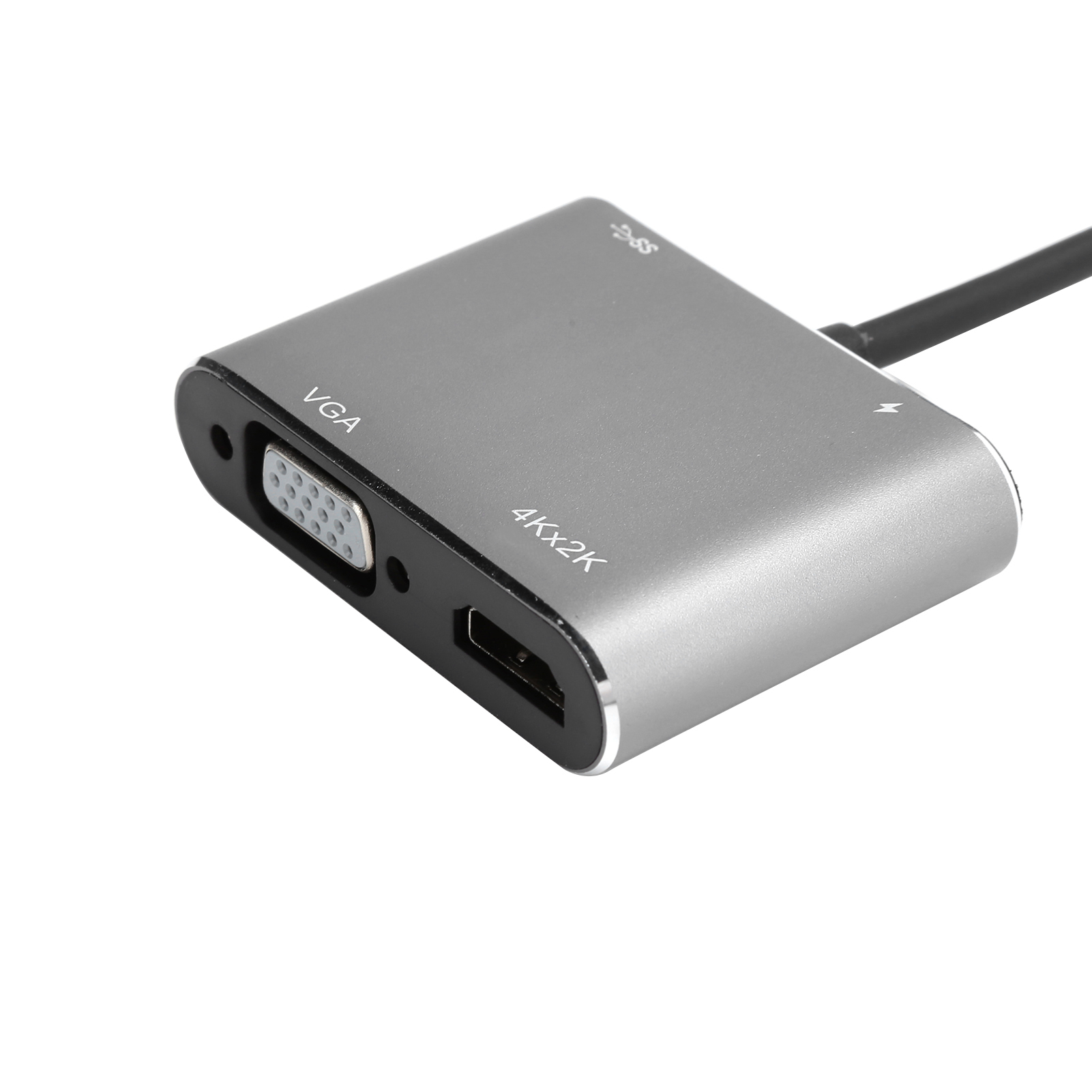 Ein silberner Adapter mit VGA-, HDMI- und Stromanschlüssen. Ein schwarzes Kabel erstreckt sich vom Adapter. Der Hintergrund ist weiß.