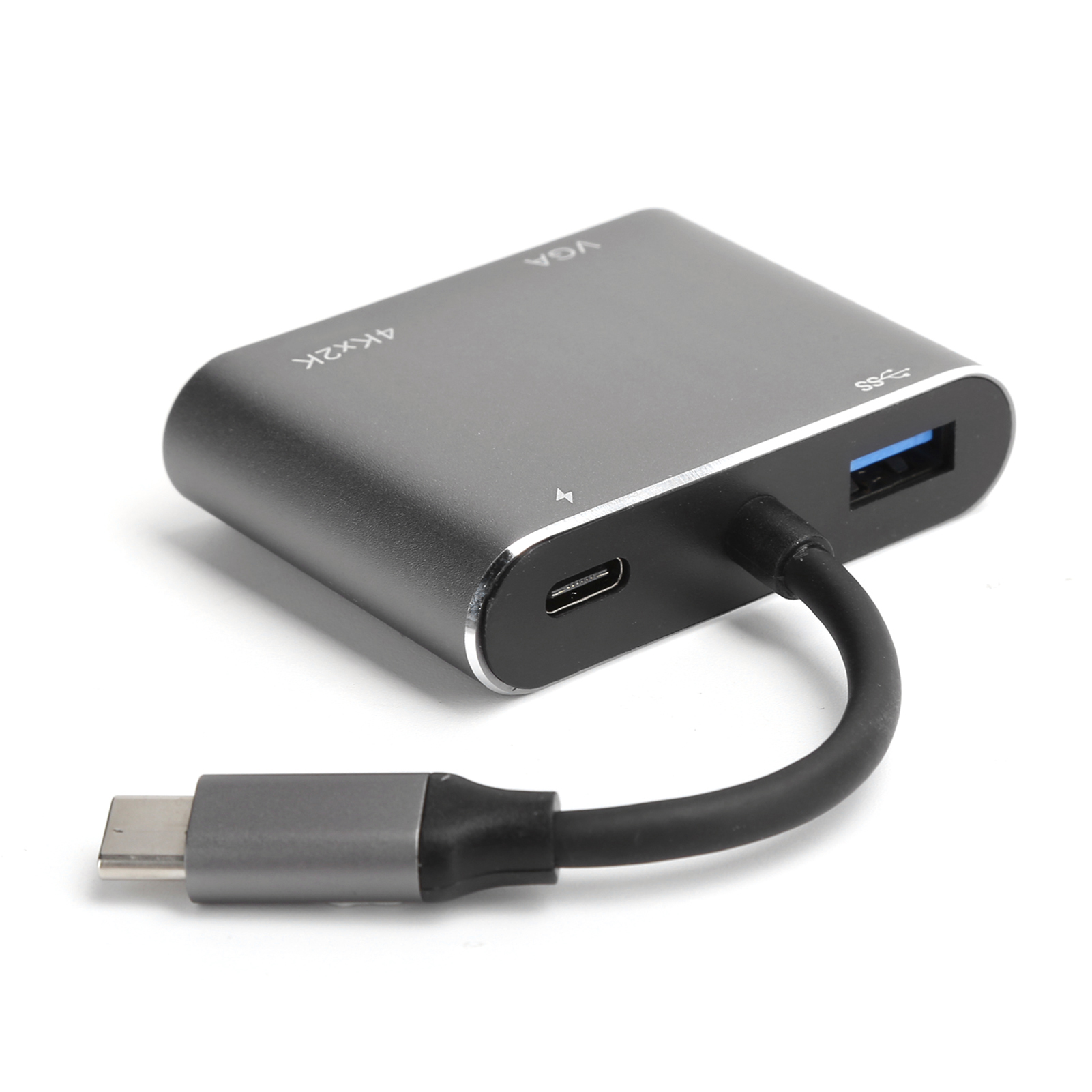 Ein grauer USB-C-Hub mit mehreren Anschlüssen und einem angeschlossenen Kabel. Es hat Anschlüsse mit 4Kx2K, VGA und USB beschriftet.