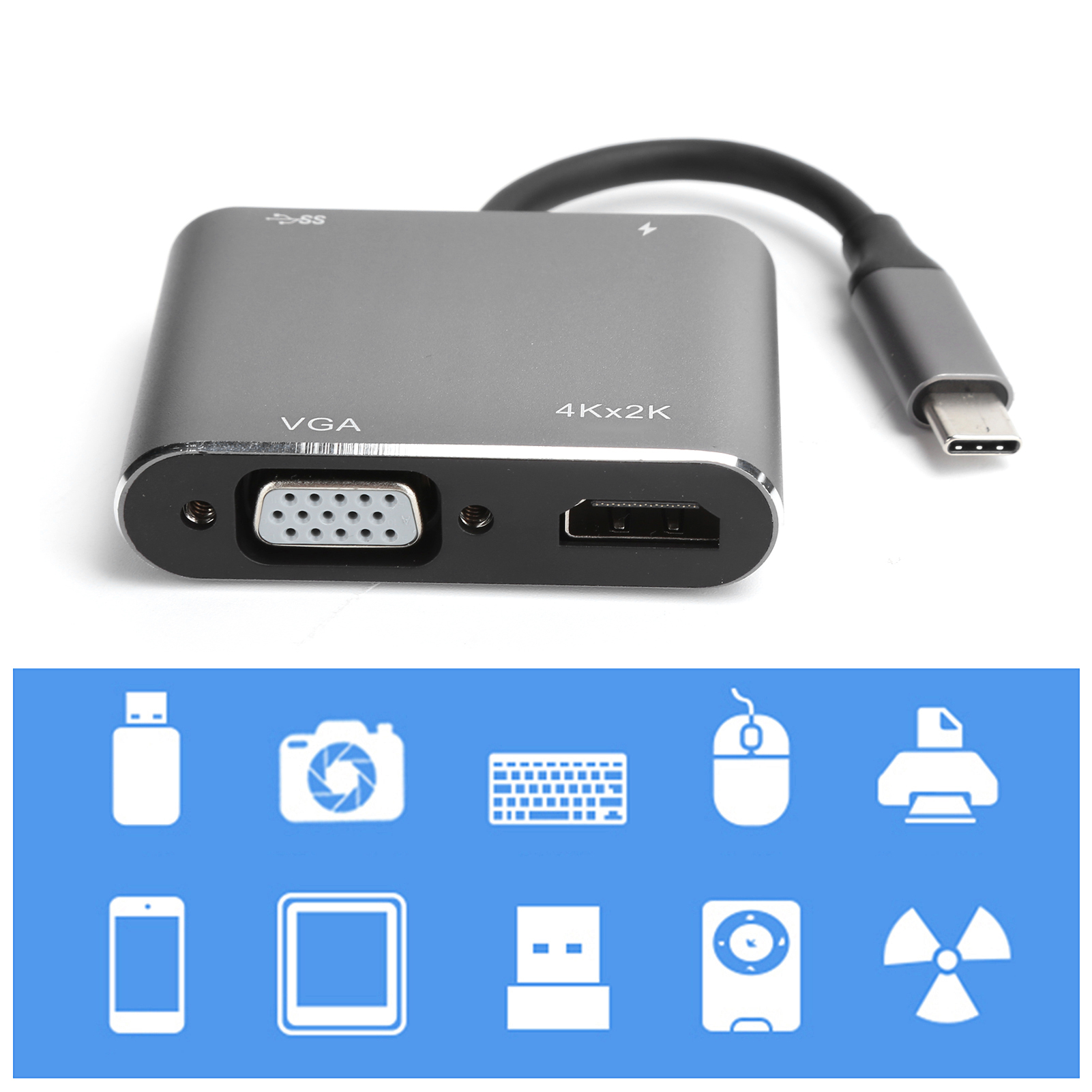 Ein grauer USB-C-Hub mit VGA- und HDMI-Anschlüssen, verbunden mit einem USB-C-Kabel. Darunter Symbole von Geräten auf blauem Grund.