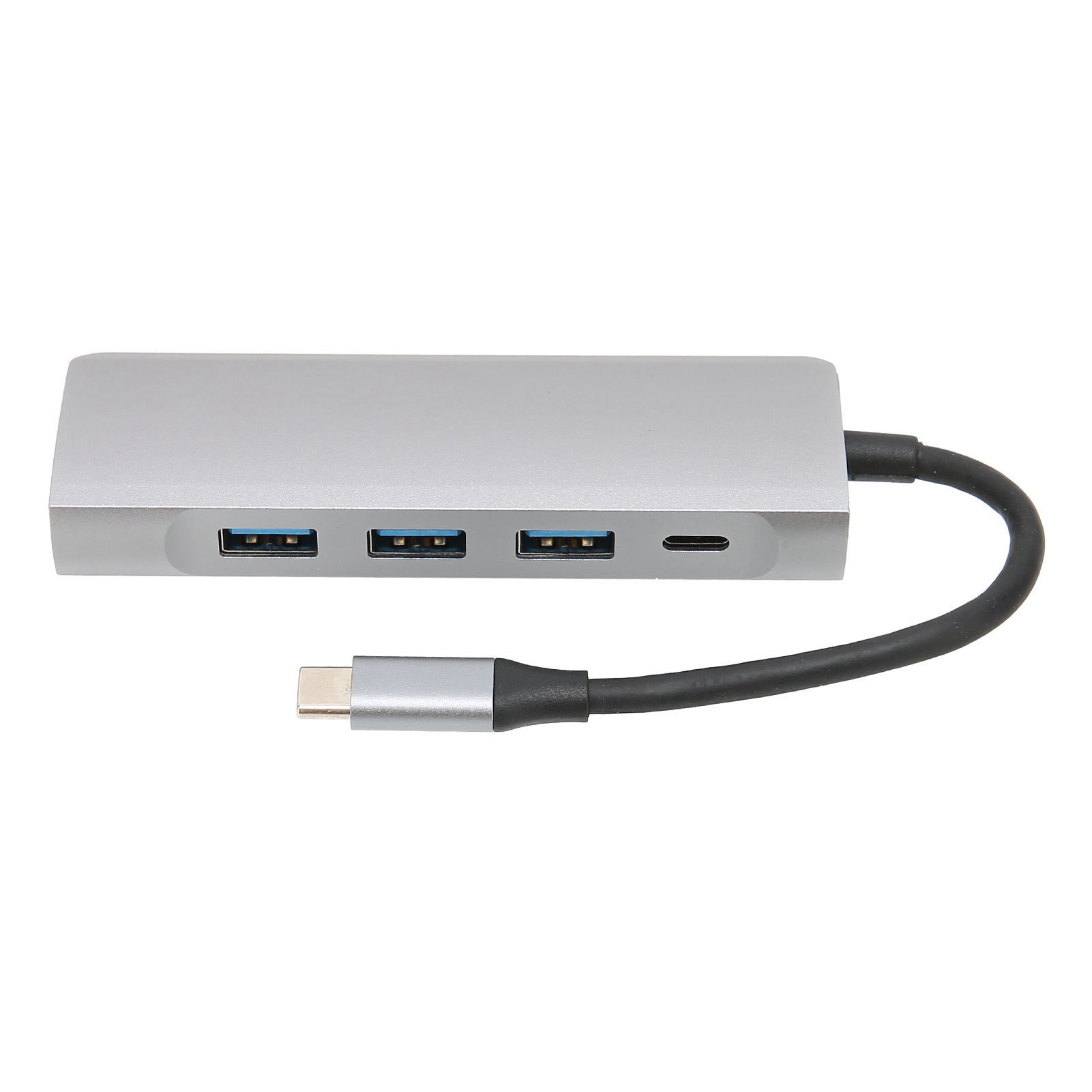 Silberner USB-Hub mit vier Anschlüssen und einem schwarzen Kabel. Ein USB-C-Anschluss ist mit dem Hub verbunden. Weißer Hintergrund.