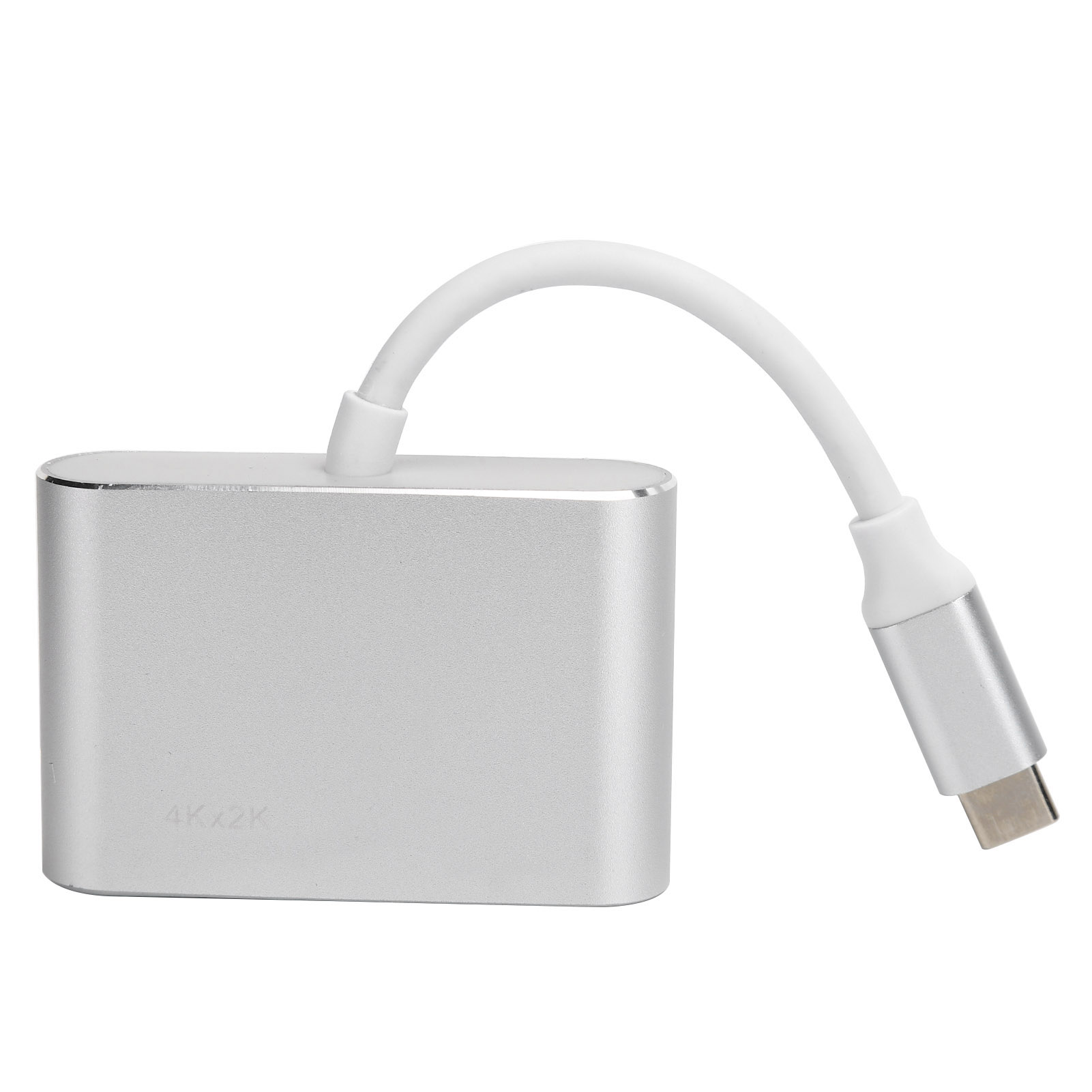 Ein silberner USB-C-Adapter mit weißem Kabel. Der Adapter hat einen rechteckigen Körper mit der Aufschrift '4Kx2K'.