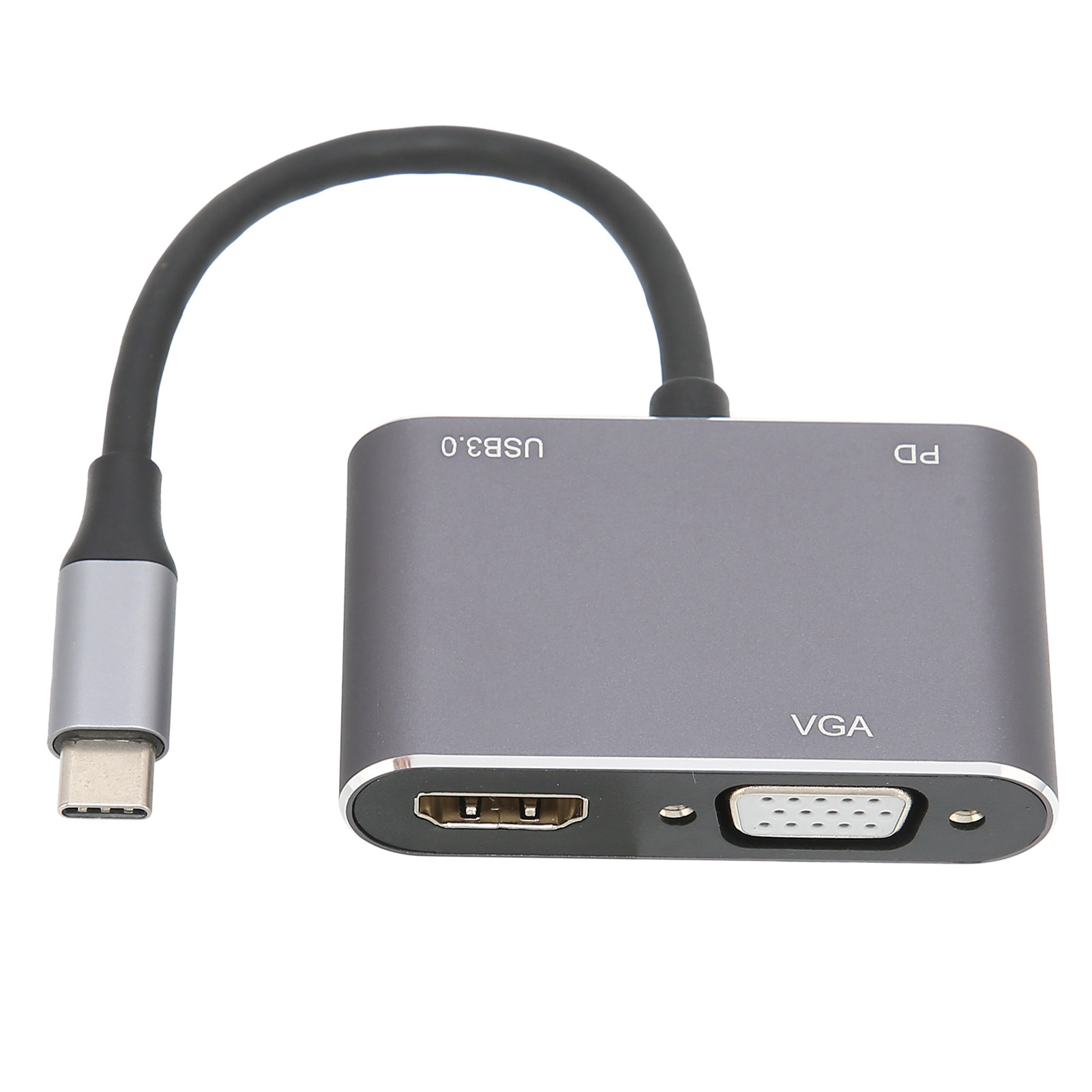 Ein grauer USB-C-Adapter mit schwarzem Kabel. Er hat Anschlüsse mit den Aufschriften USB 3.0, PD und VGA sowie HDMI.