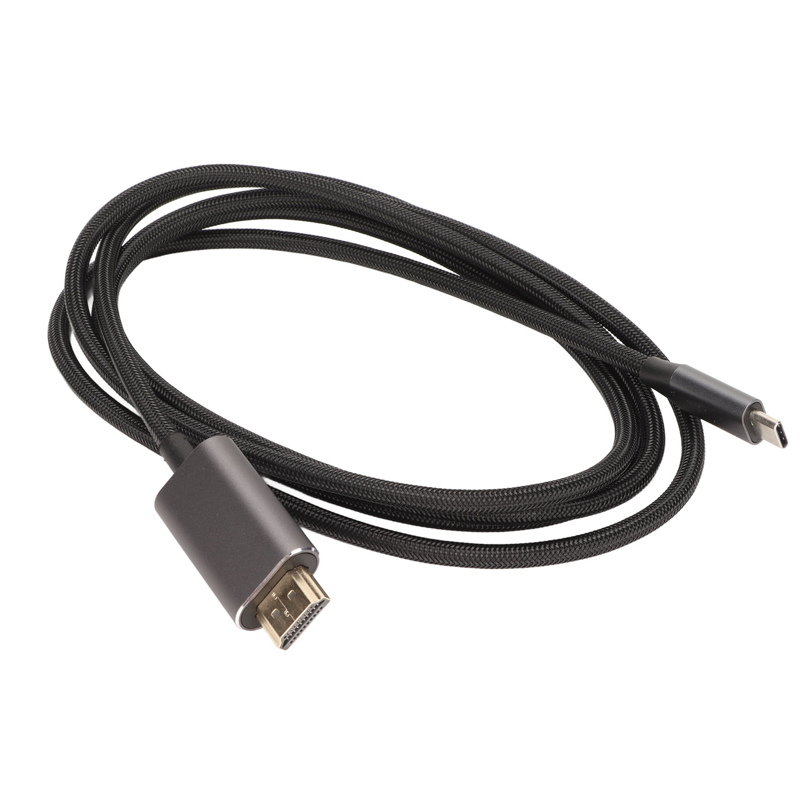 Ein schwarzes geflochtenes HDMI-Kabel mit USB-C-Anschluss. Das Kabel liegt auf weißem Hintergrund. Der HDMI-Anschluss ist grau.