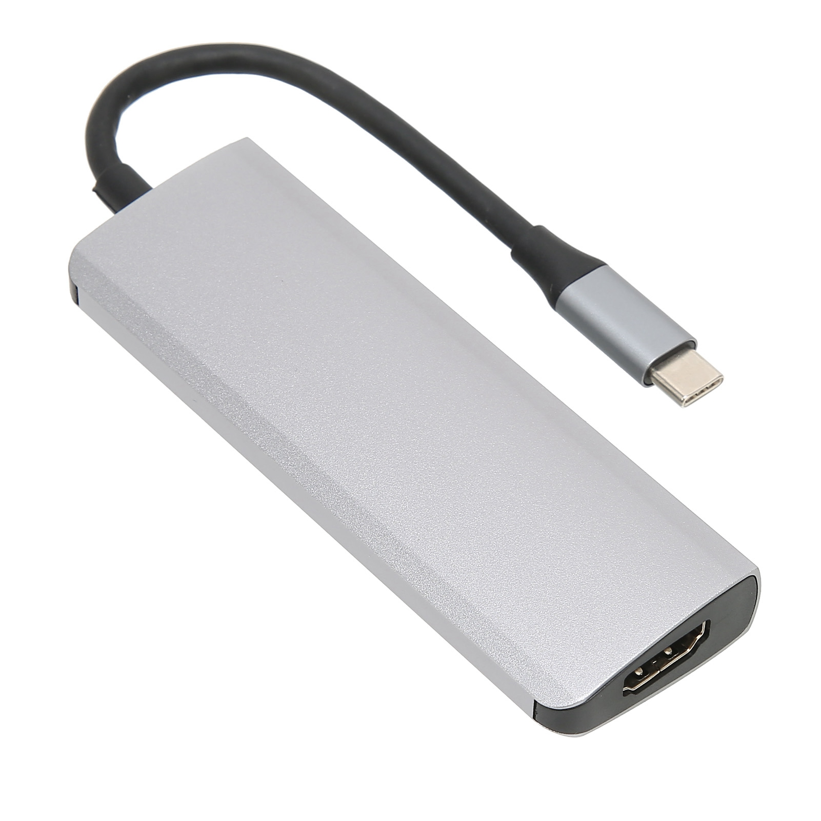 Silberner USB-C-Hub mit schwarzem Kabel und USB-C-Anschluss. Mit HDMI-Anschluss.