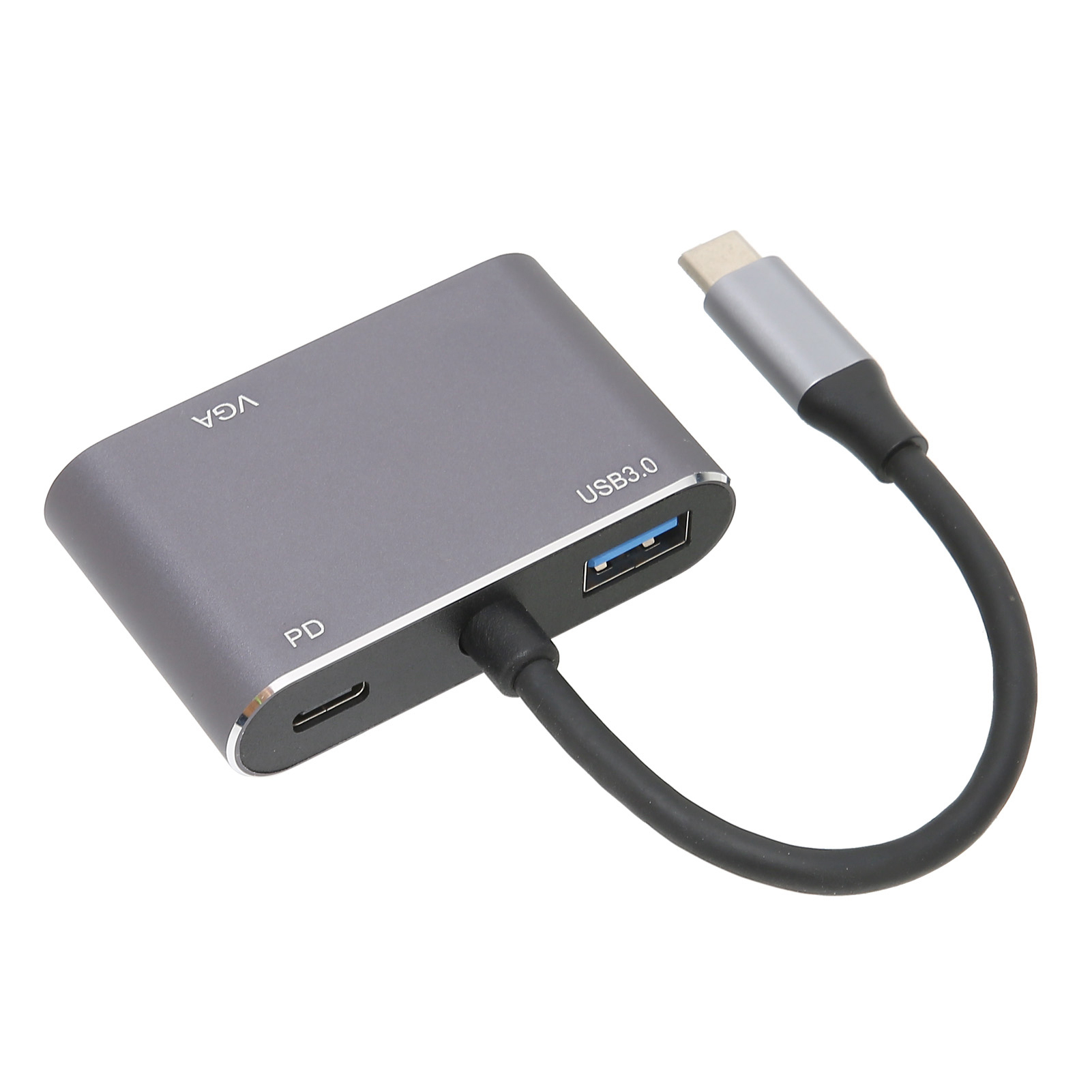 Ein grauer USB-C-Hub mit mehreren Anschlüssen, darunter VGA und USB 3.0. Ein schwarzes Kabel verbindet sich mit einem silbernen USB-C-Anschluss.