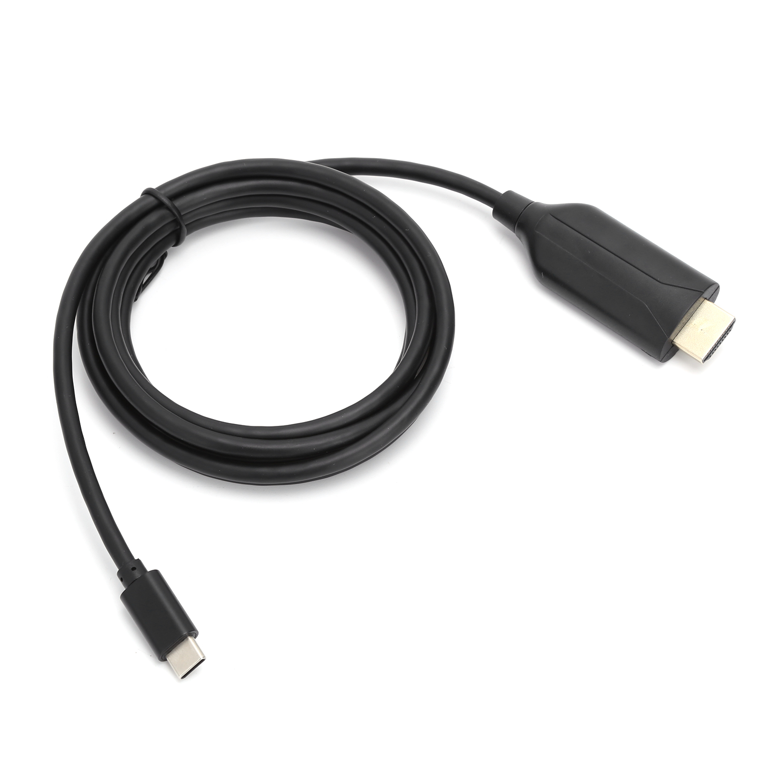 Schwarzes HDMI-Kabel mit USB-C-Anschluss. Das Kabel ist aufgerollt, die Enden sind vor weißem Hintergrund sichtbar.