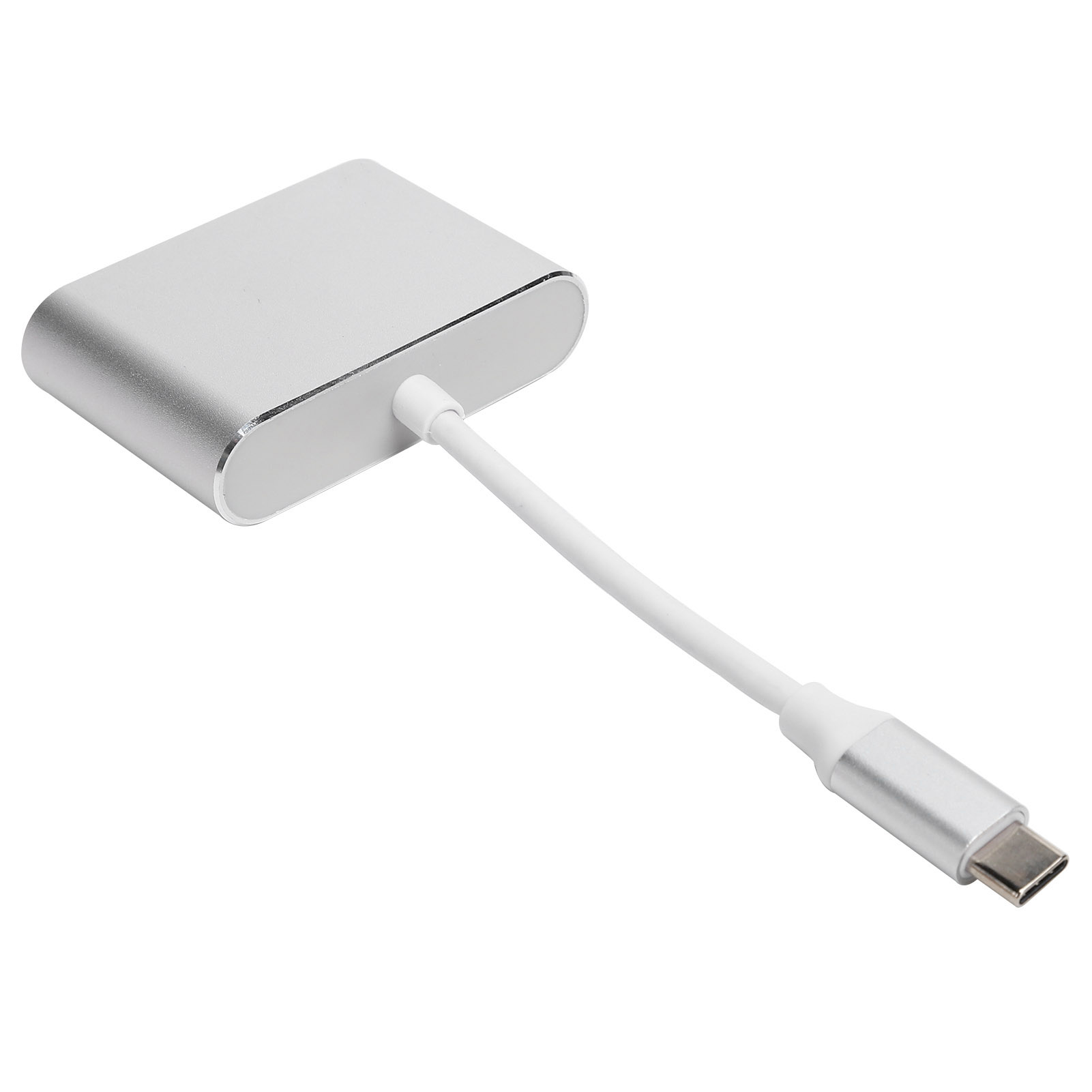 Ein silberner USB-C-Adapter mit weißem Kabel, vor weißem Hintergrund. Adapter ist rechteckig mit abgerundeten Kanten.
