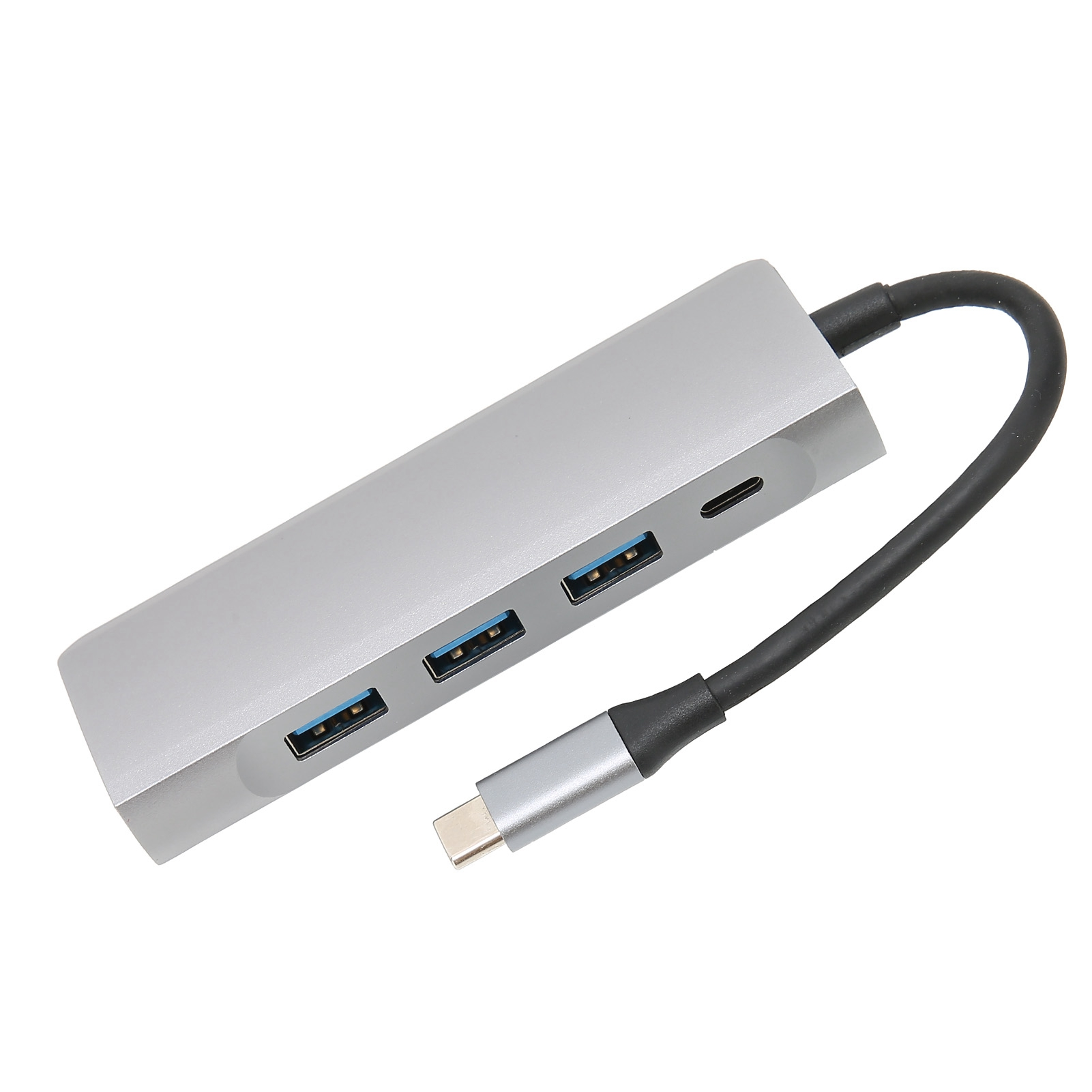 Silberner USB-Hub mit vier USB-Anschlüssen, einem USB-C-Anschluss und einem USB-C-Stecker, der durch ein schwarzes Kabel befestigt ist.