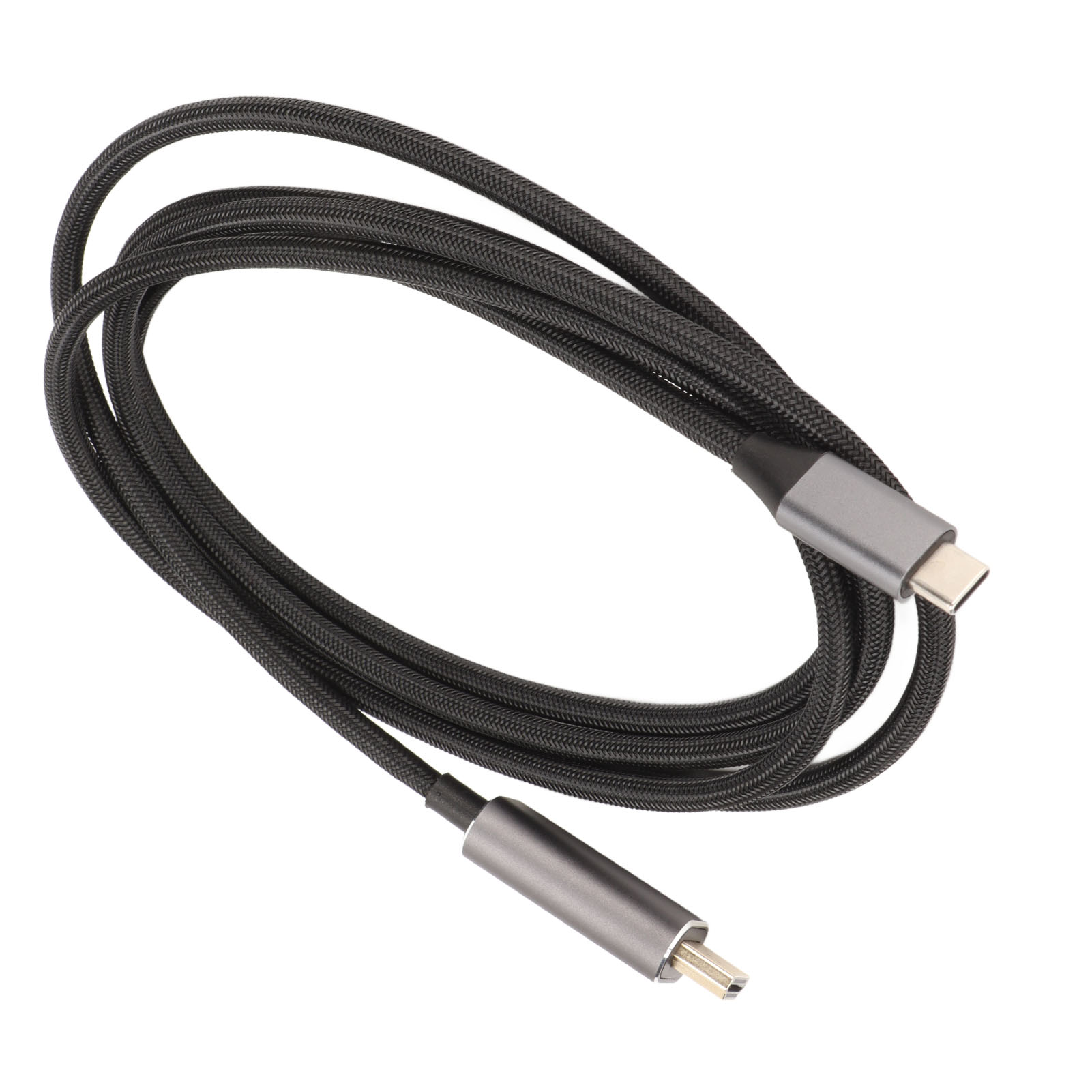 Ein schwarzes USB-Kabel mit grauen Steckern, auf weißem Hintergrund aufgerollt. Ein Ende ist USB-C, das andere Micro-USB.