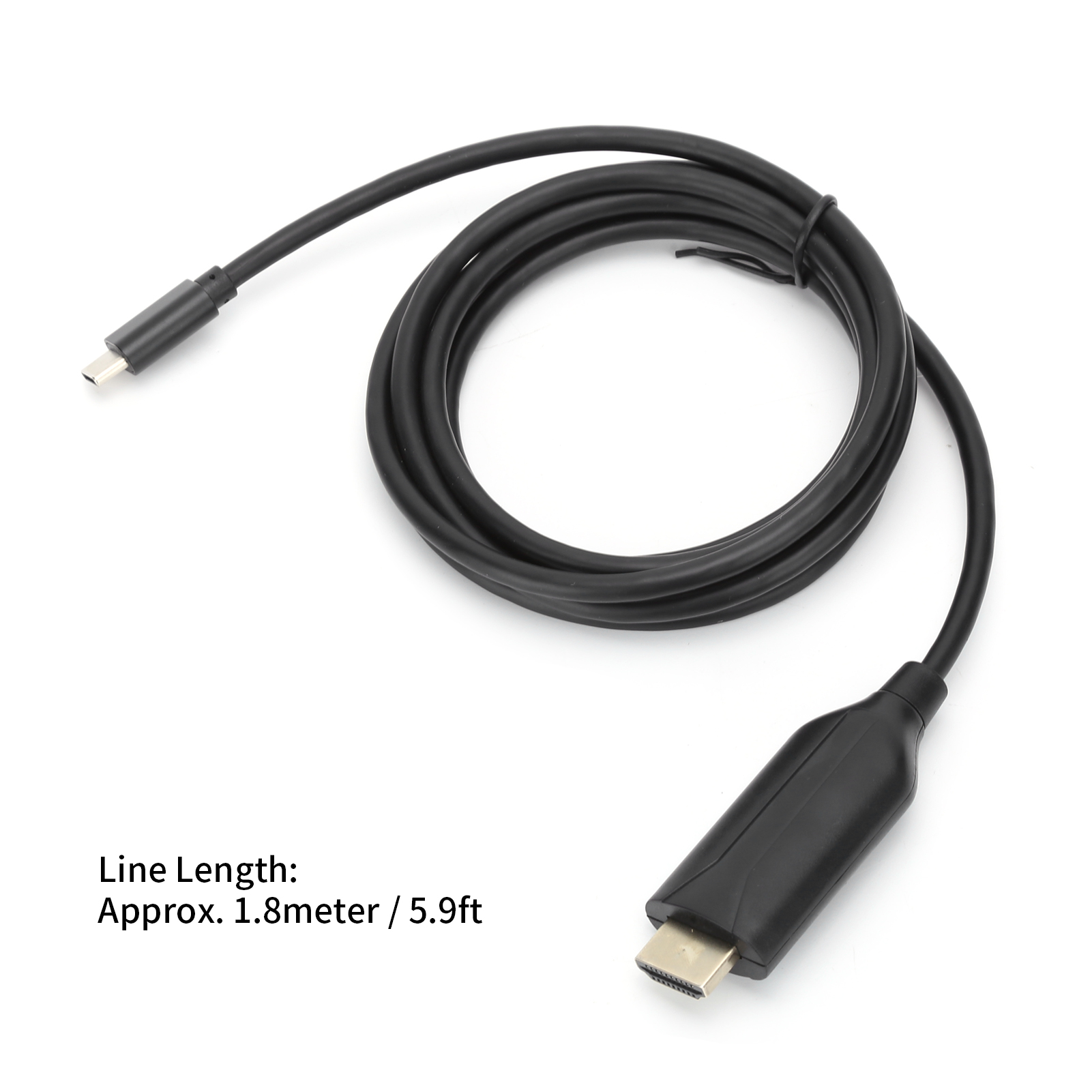 Ein schwarzes Kabel mit USB-C-Anschluss und HDMI-Anschluss, auf weißem Grund. Kabellänge 1,8 Meter.