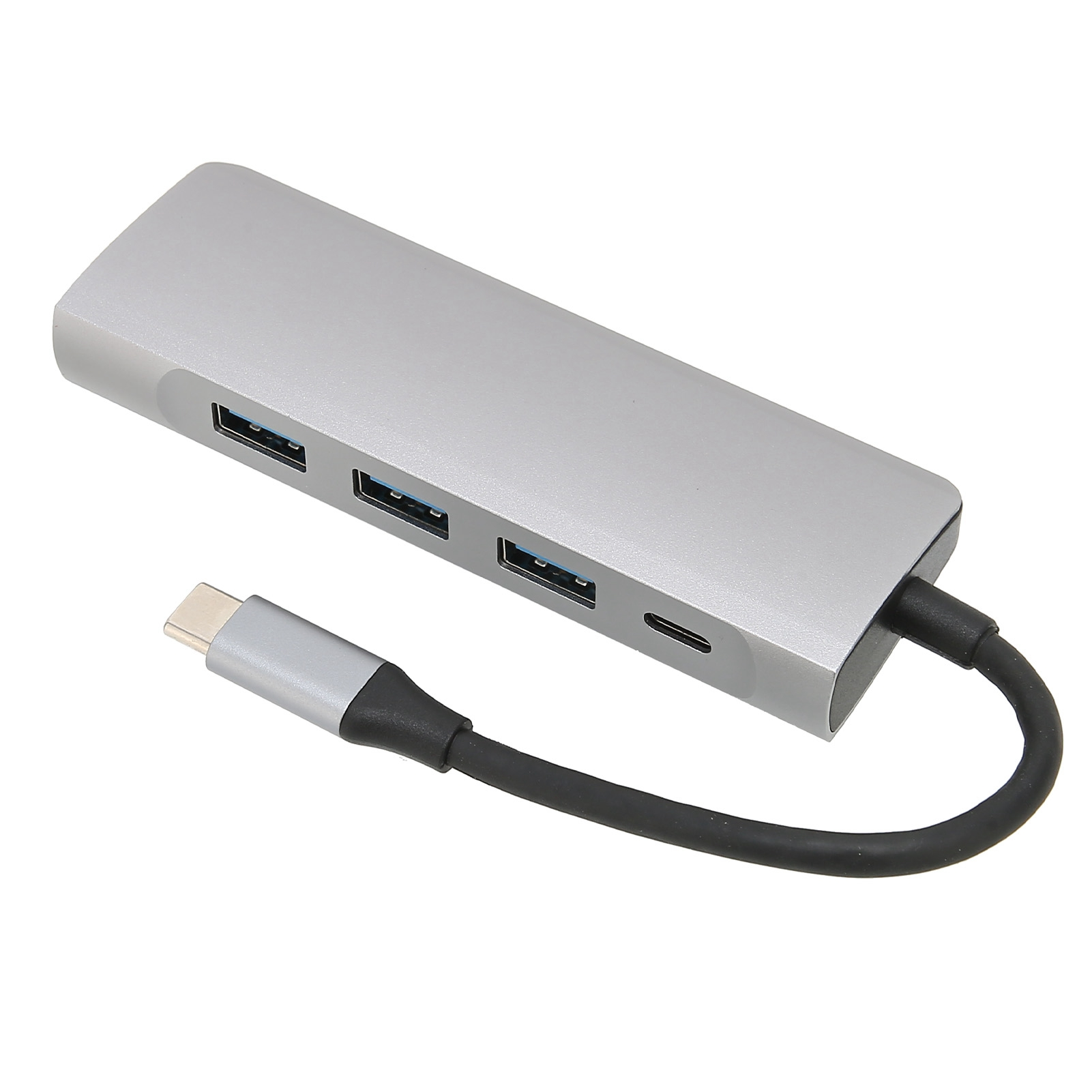 Ein silberner USB-Hub mit mehreren Anschlüssen und einem schwarzen Kabel, das mit einem USB-C-Anschluss verbunden ist, auf weißem Hintergrund.