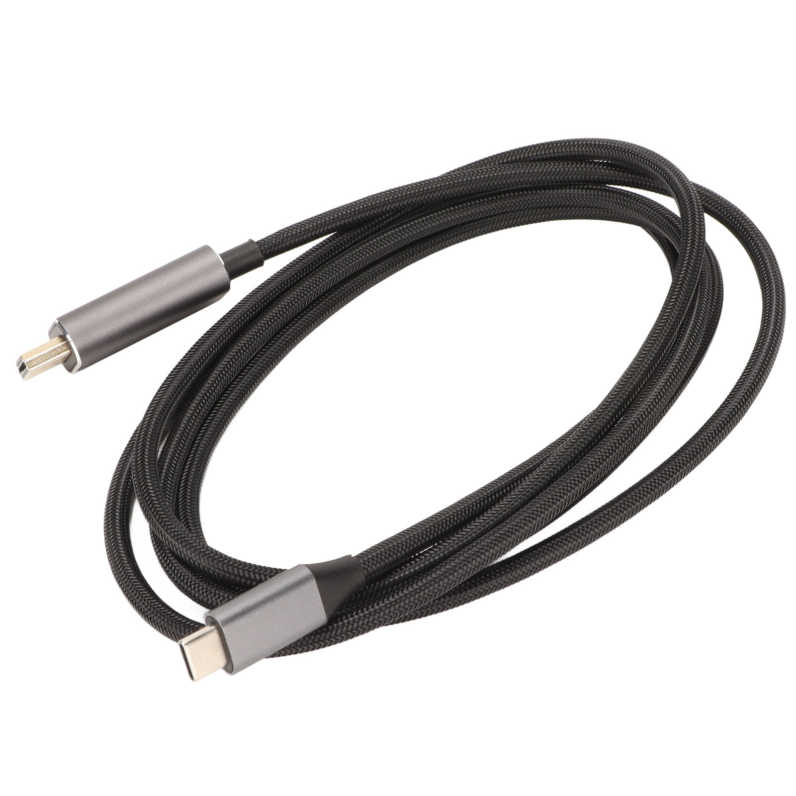 Ein schwarzes geflochtenes Kabel mit grauen Steckern, einem Mini-DisplayPort und einem USB-C-Anschluss, vor weißem Hintergrund.