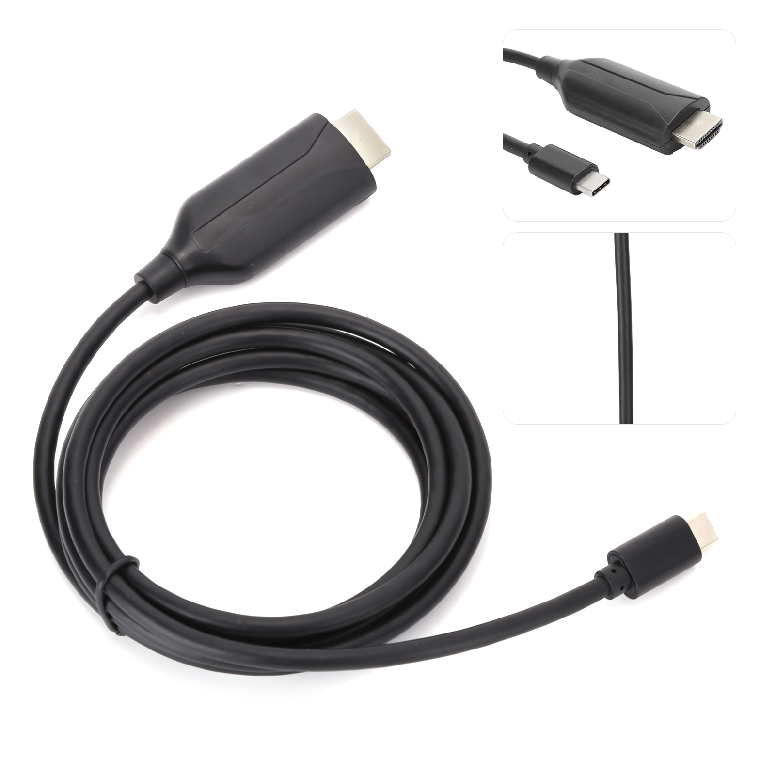 Schwarzes HDMI-zu-USB-C-Kabel auf weißem Hintergrund. Das Kabel hat einen HDMI-Anschluss und einen USB-C-Anschluss.