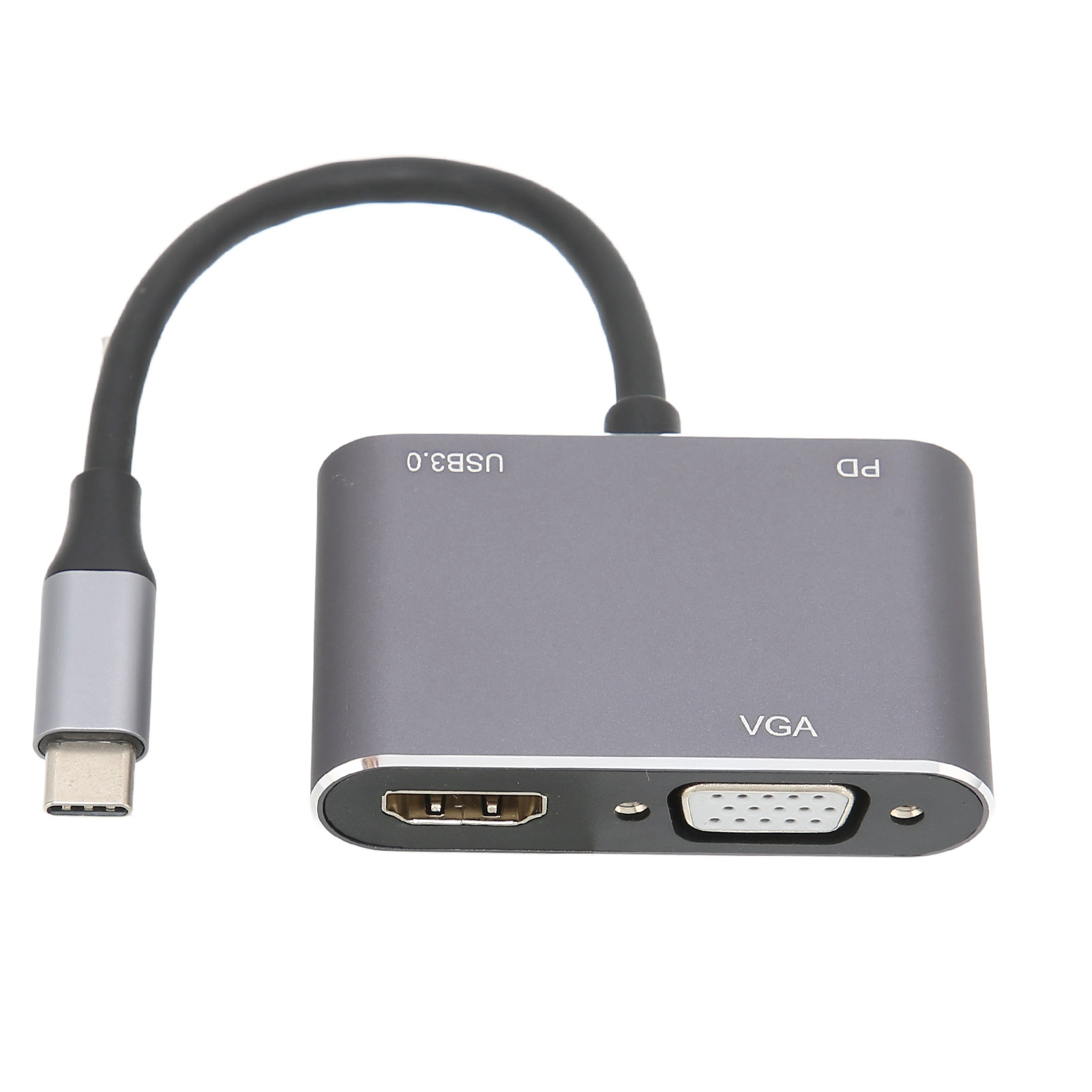 Grauer USB-C-Adapter mit HDMI- und VGA-Anschlüssen. Ein schwarzes Kabel verbindet sich mit dem USB-C-Anschluss.