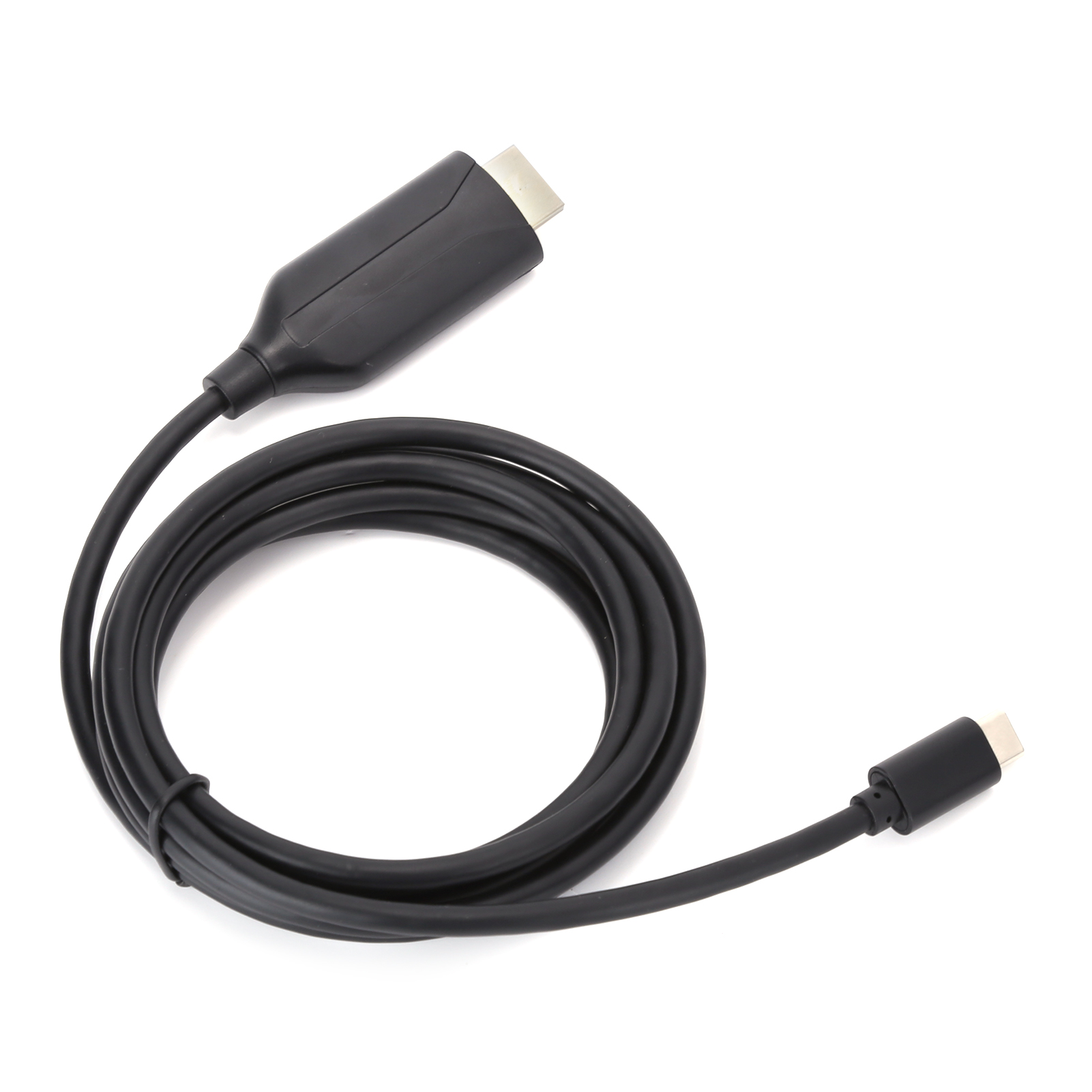 Ein schwarzes USB-C-zu-HDMI-Kabel auf weißem Hintergrund. Das Kabel ist aufgerollt und hat an beiden Enden Stecker.