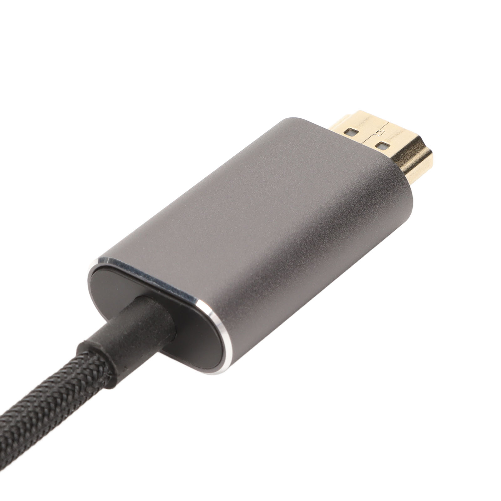 Ein DisplayPort-Kabel mit grauem Stecker und schwarzem geflochtenem Kabel, isoliert auf weißem Hintergrund.
