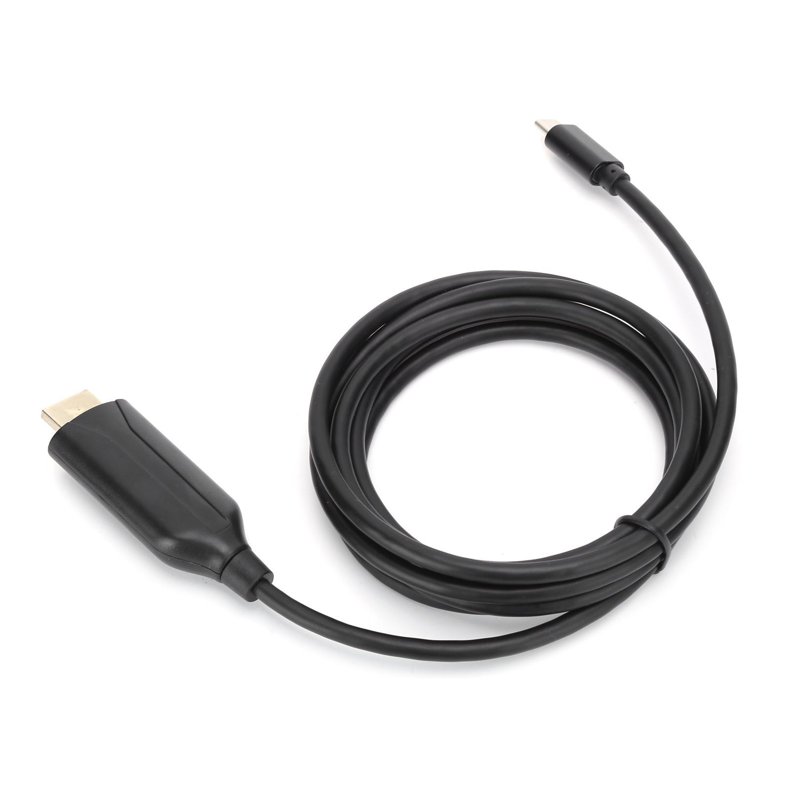 Schwarzes Kabel mit Steckern. Ein Ende hat einen rechteckigen Stecker, das andere einen kleineren runden Stecker. Weißer Hintergrund.
