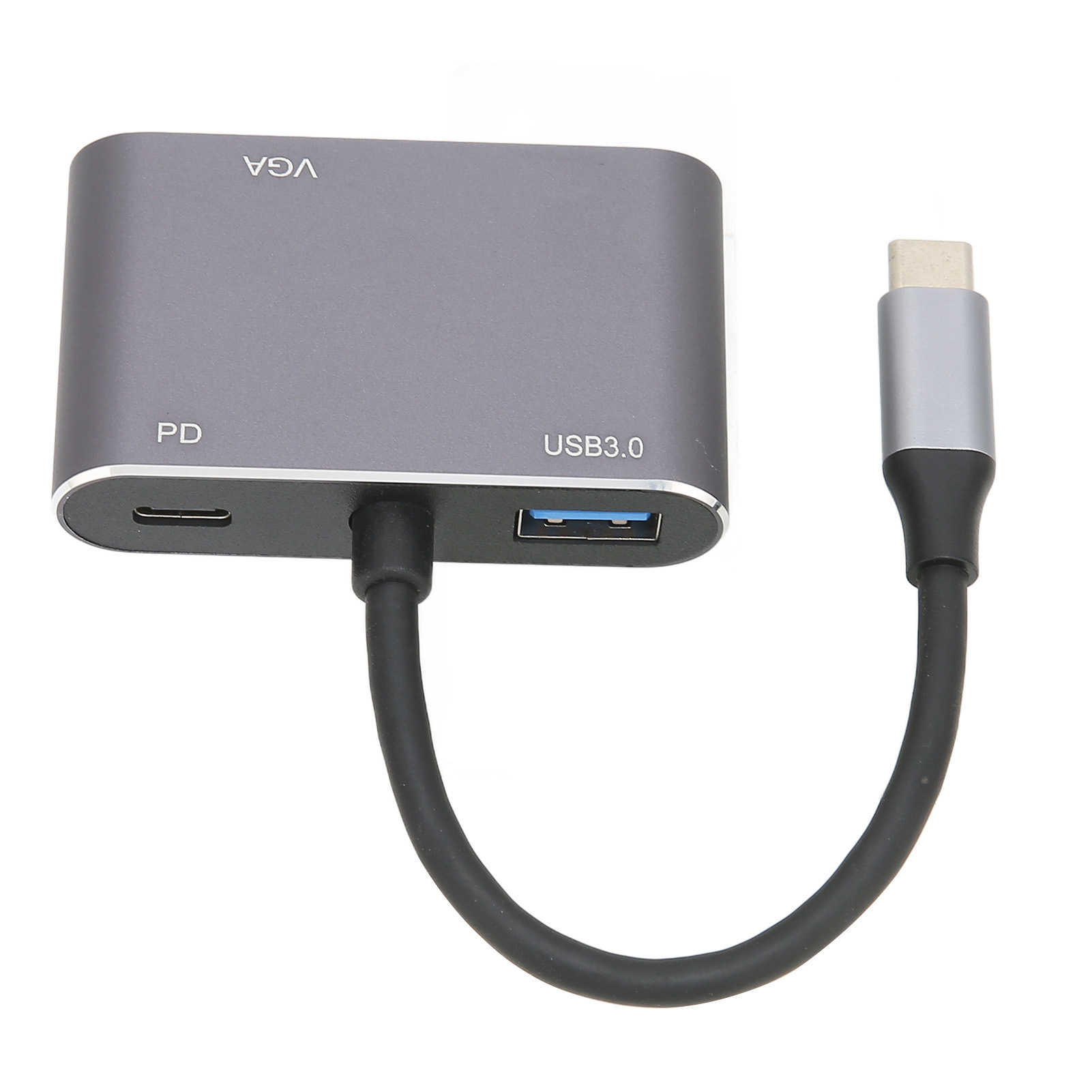 Ein grauer USB-Hub mit schwarzem Kabel und USB-C-Anschluss. Es hat Anschlüsse mit der Bezeichnung VGA, PD und USB 3.0.