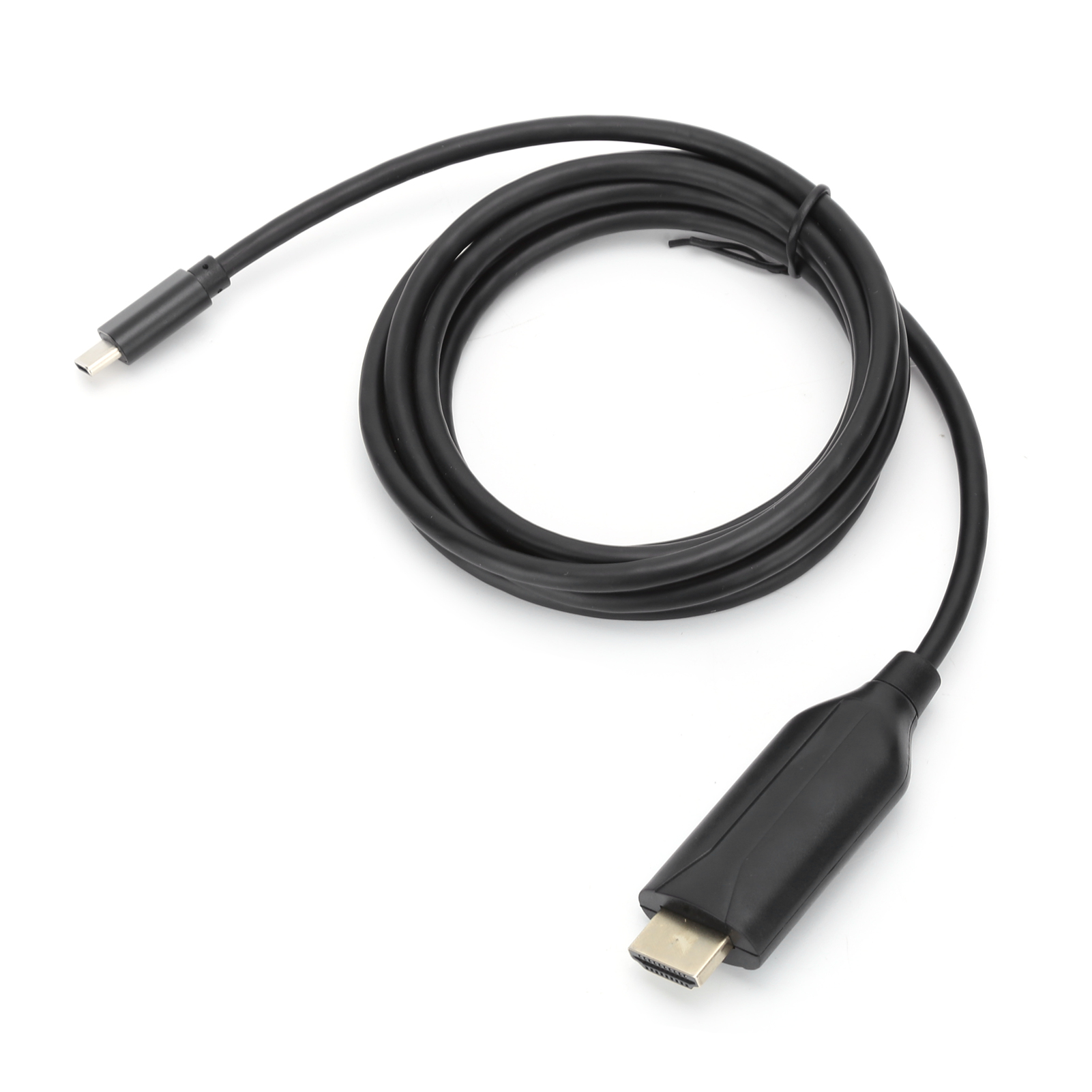 Schwarzes Kabel mit USB-C- und HDMI-Anschlüssen auf weißem Hintergrund. Das Kabel ist aufgerollt.