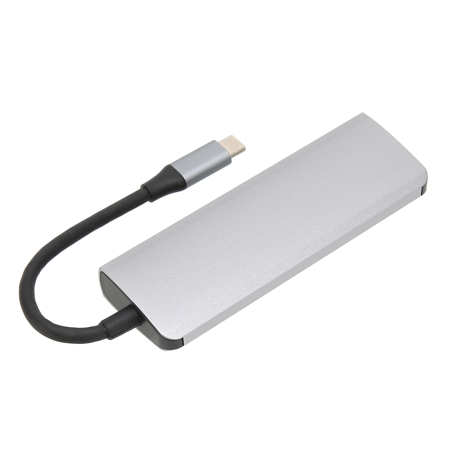 Ein silberner USB-C-Hub mit einem schwarzen Kabel und Stecker. Der Hub ist rechteckig.