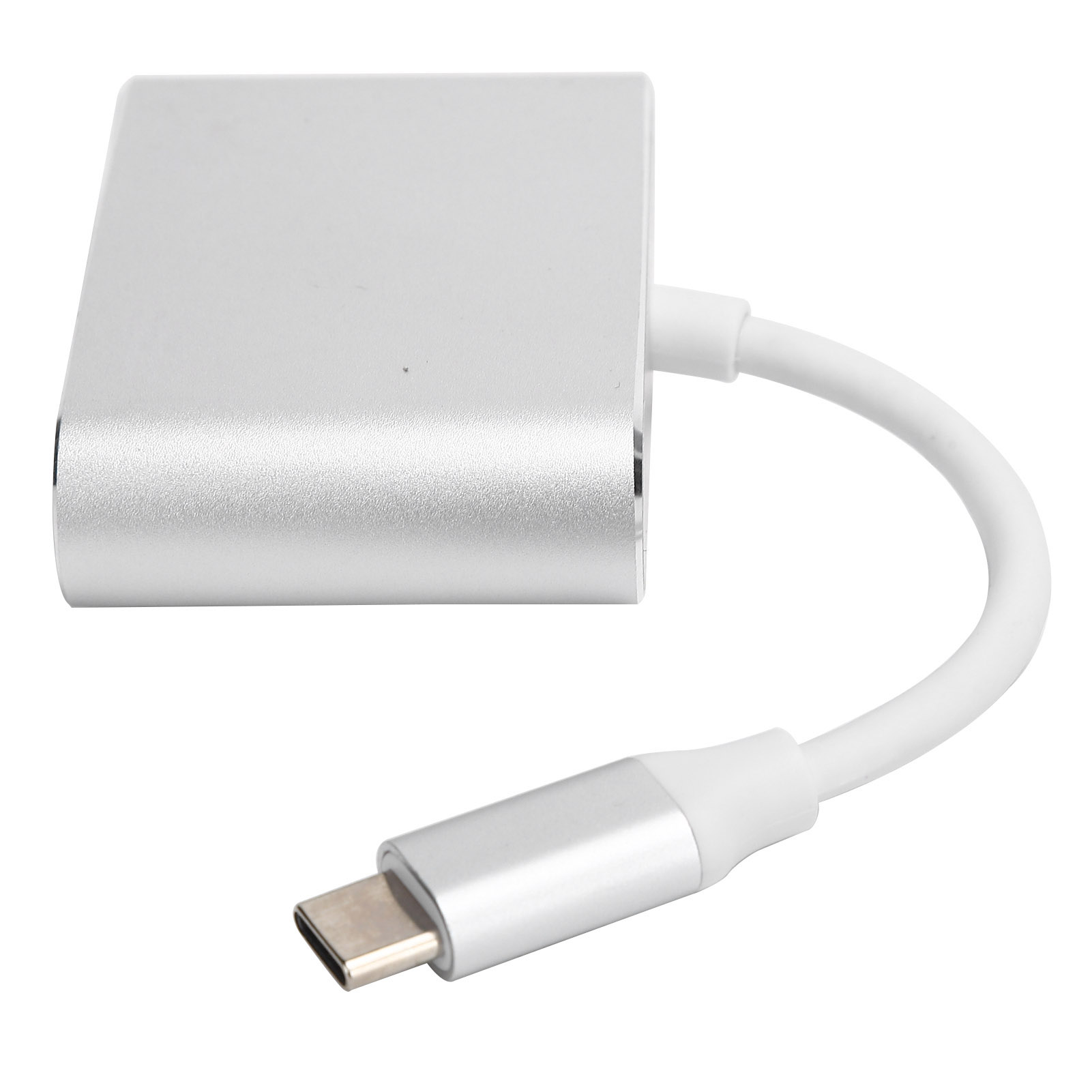 Ein silberner Adapter mit weißem Kabel und USB-C-Anschluss auf weißem Hintergrund.