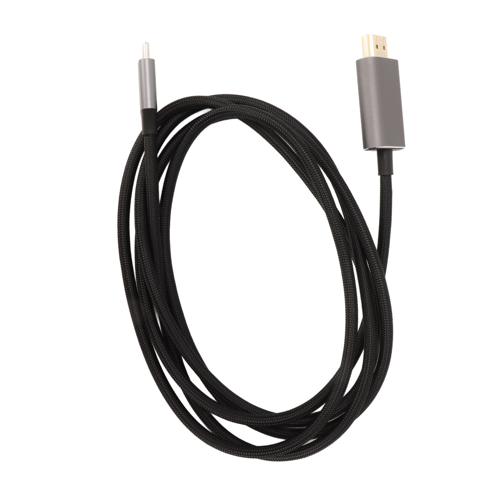 Ein schwarz-graues geflochtenes Kabel mit Anschlüssen an jedem Ende liegt vor weißem Hintergrund.