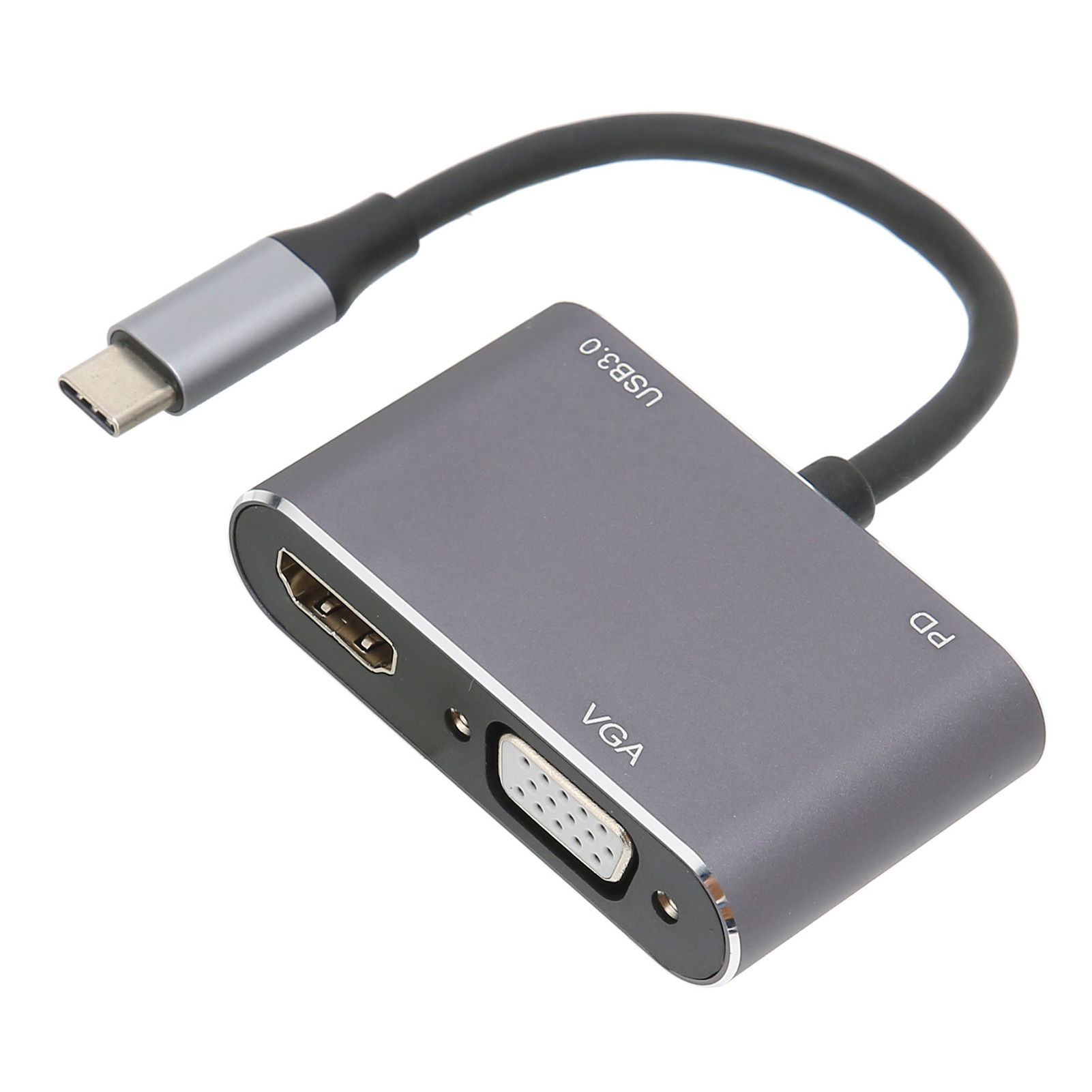 Ein grauer USB-C-Hub mit HDMI-, VGA- und USB 3.0-Anschlüssen. Er hat ein schwarzes Kabel zum USB-C-Anschluss.