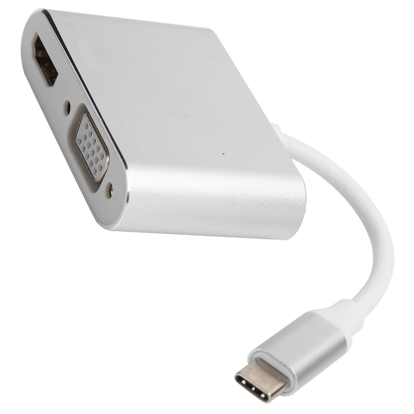 Ein silberner Adapter mit mehreren Anschlüssen und einem weißen Kabel, das in einem USB-C-Anschluss endet. Der Adapter befindet sich auf weißem Hintergrund.