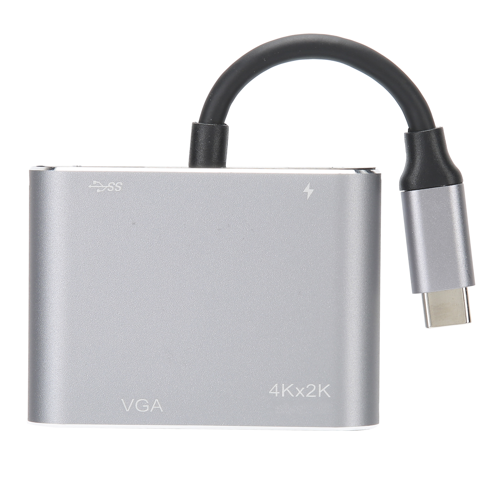 Silberner Adapter mit schwarzem Kabel und USB-C-Anschluss. Er hat VGA- und 4Kx2K-Markierungen. Der Hintergrund ist weiß.