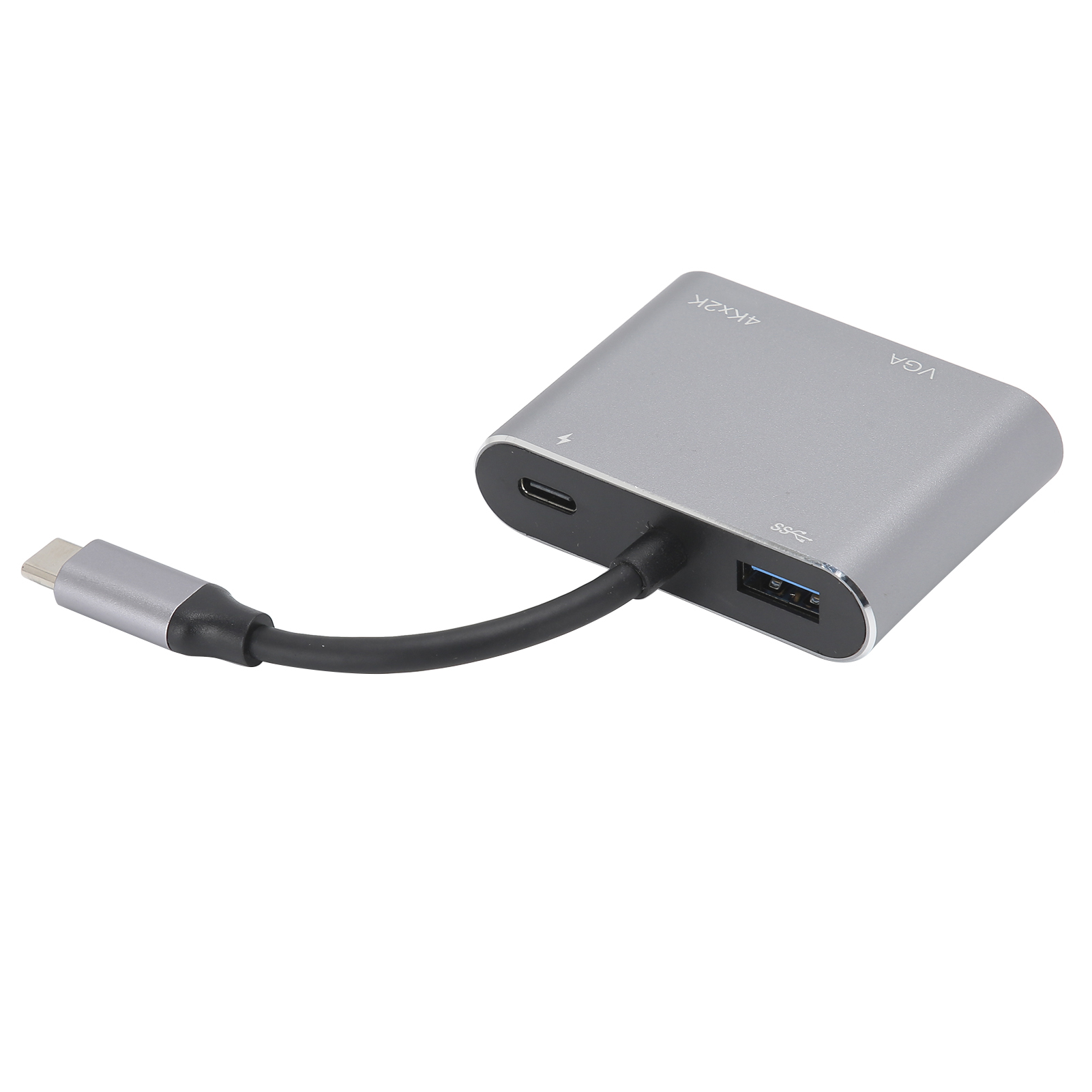 Silberner USB-C-Hub mit angeschlossenem Kabel. Er hat Anschlüsse mit den Bezeichnungen 4Kx2K, VGA und USB. Weißer Hintergrund.
