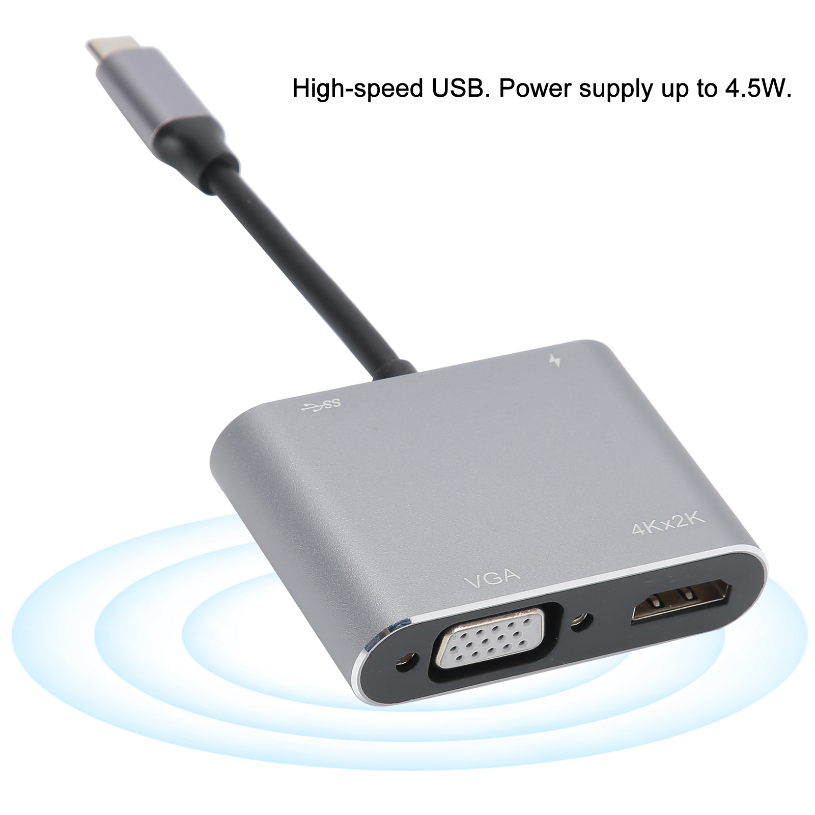 Silberner USB-Adapter mit schwarzem Kabel und mehreren Anschlüssen. Enthält VGA und HDMI. Weißer Hintergrund.