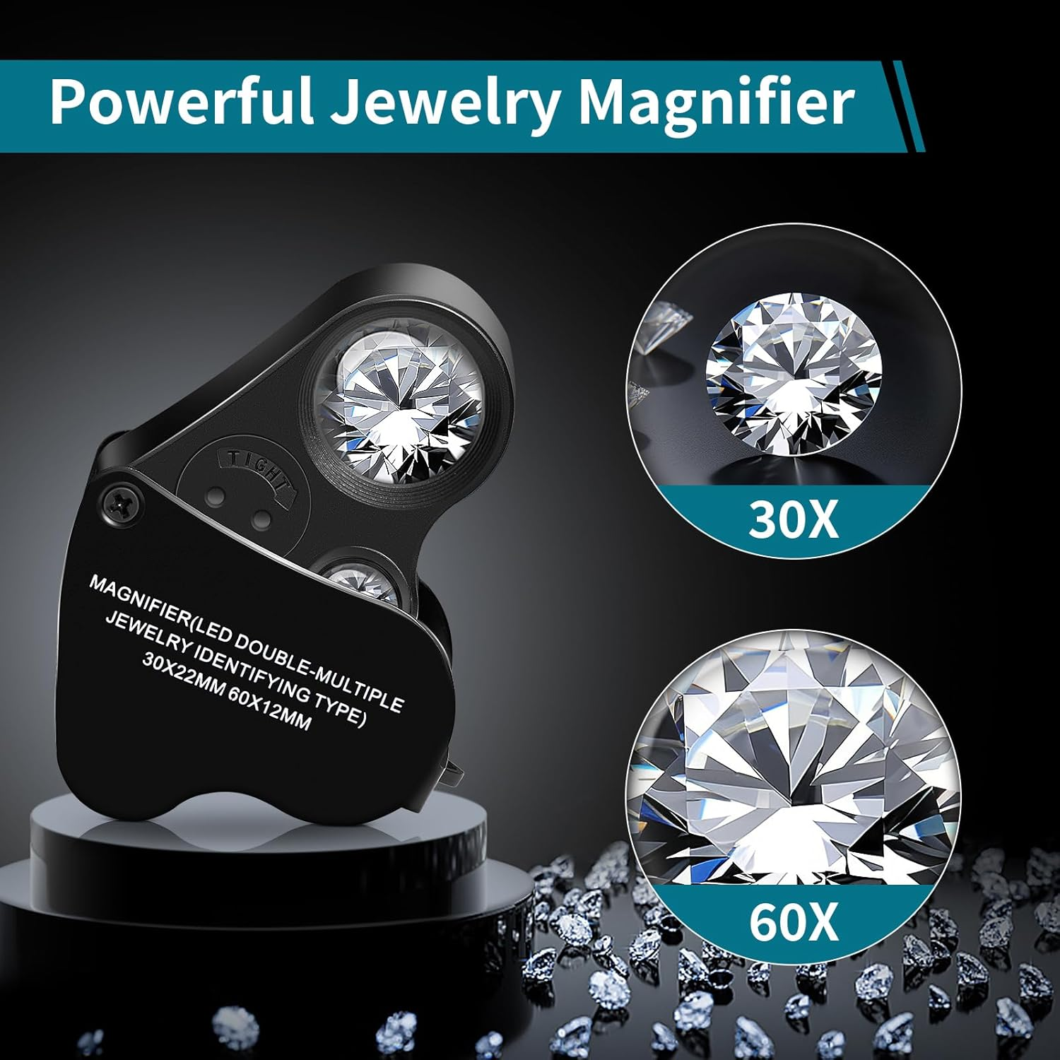 Eine schwarze Schmucklupe mit einem hellen Diamanten in der Mitte, zwei vergrößerte Diamantenansichten und Text: Leistungsstarke Schmucklupe.