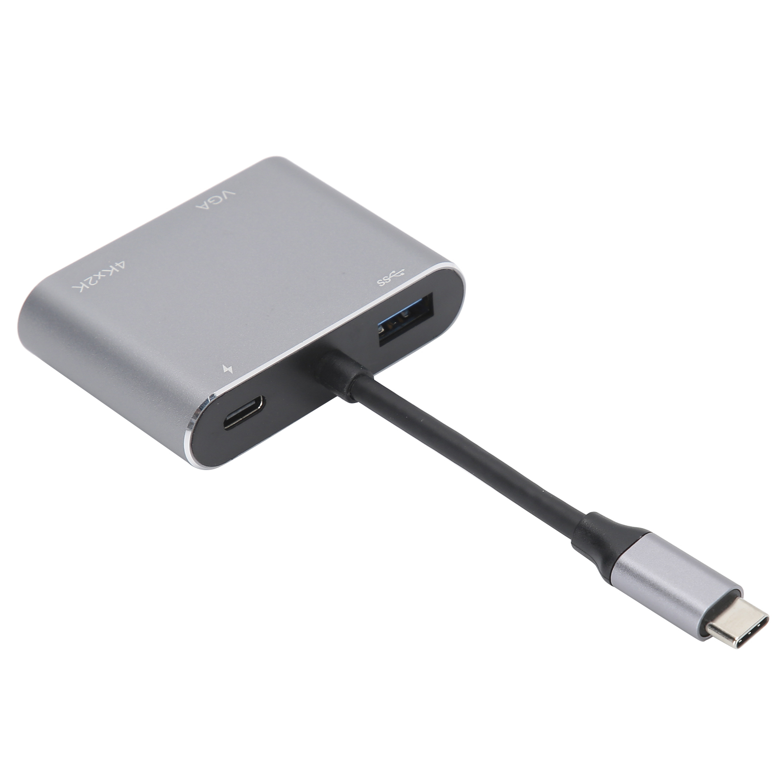 Silberner USB-C-Hub mit VGA-, USB- und Stromanschlüssen. Schwarzes Kabel verbindet sich mit einem USB-C-Anschluss.